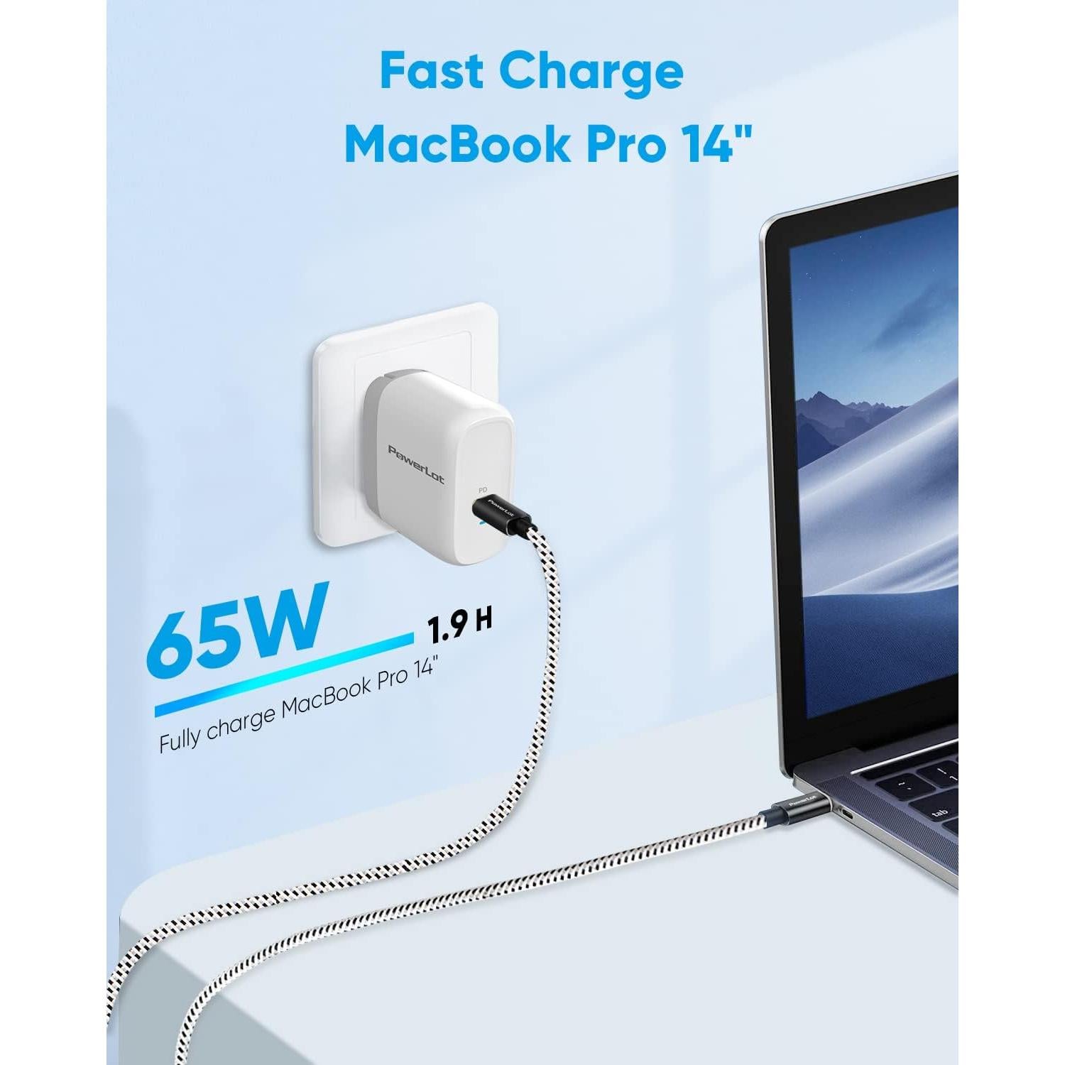 Cargador USB C PowerLot 65W con Cable de 1.8m - Carga Rápida