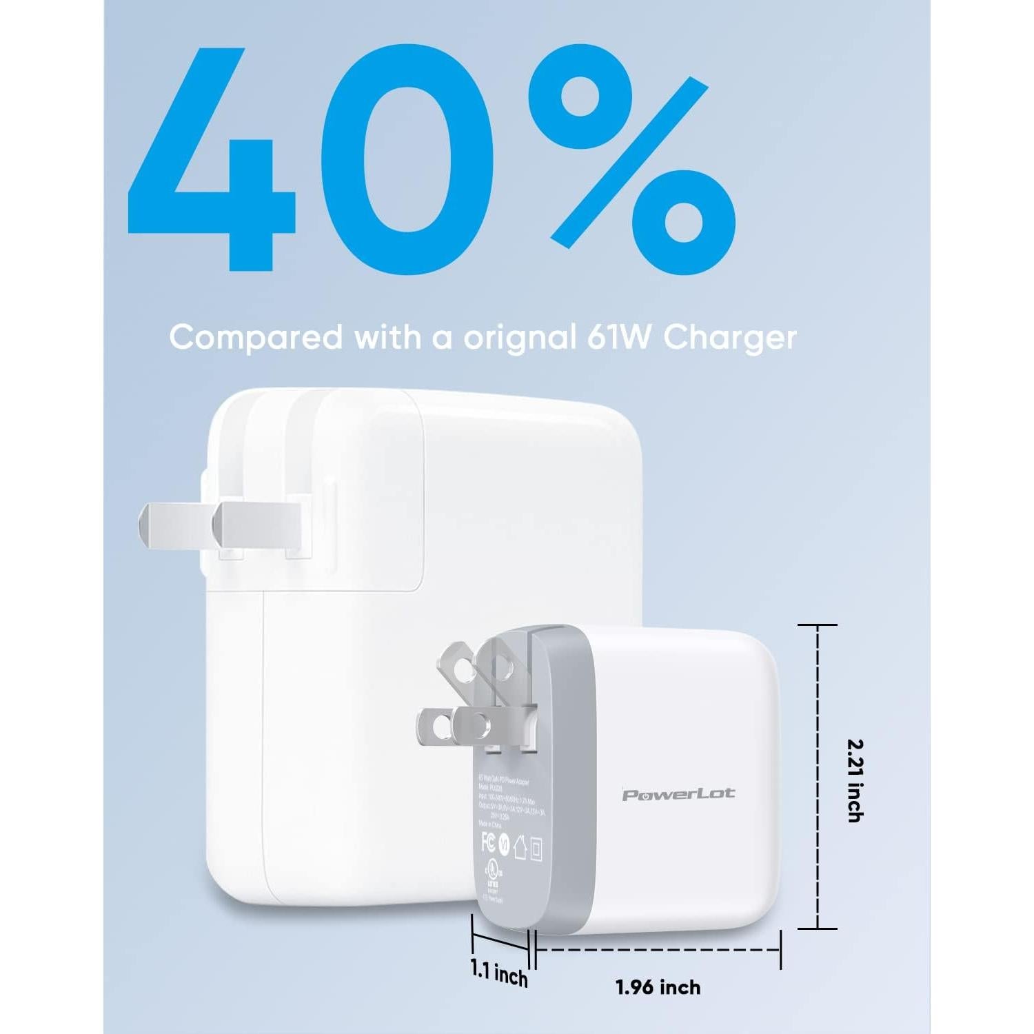 Cargador USB C PowerLot 65W con Cable de 1.8m - Carga Rápida