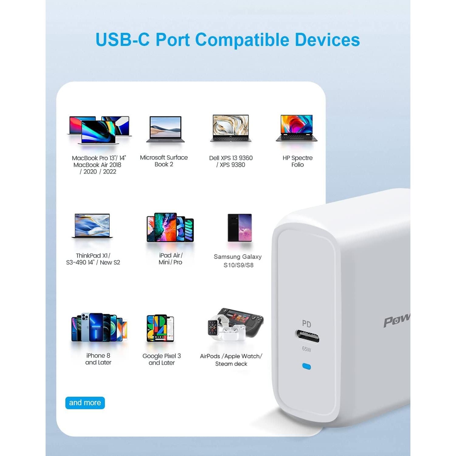 Cargador USB C PowerLot 65W con Cable de 1.8m - Carga Rápida