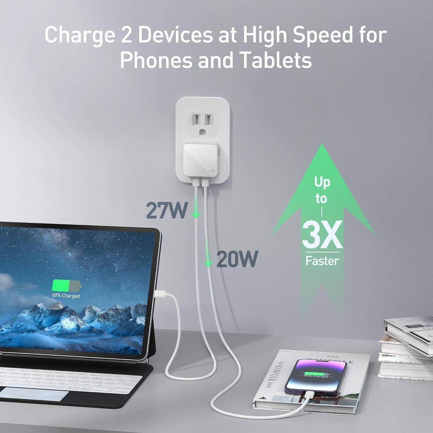 Cargador de pared USB C Nekmit 47W Dual Carga Rápida Blanco