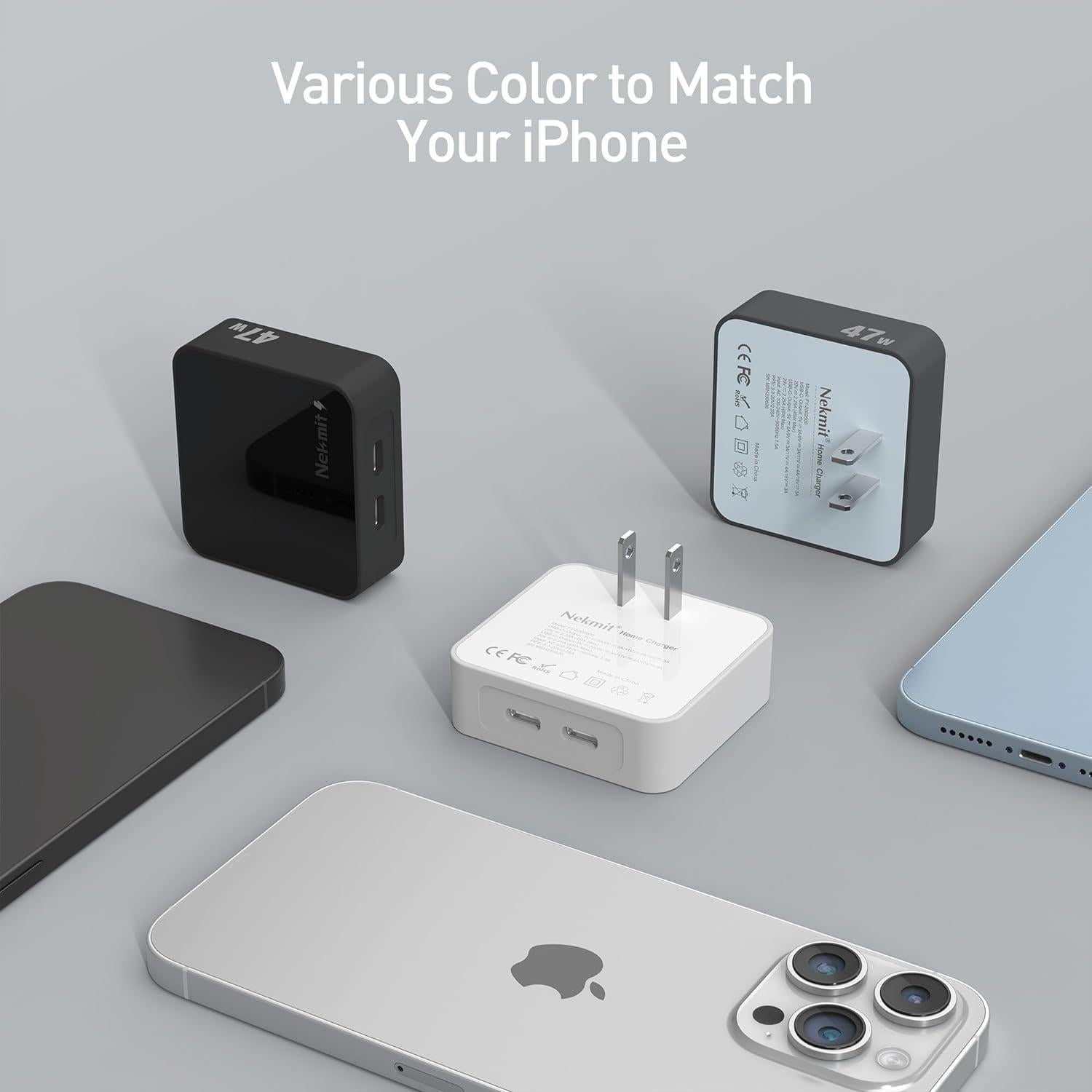 Cargador de pared USB C Nekmit 47W Dual Carga Rápida Blanco