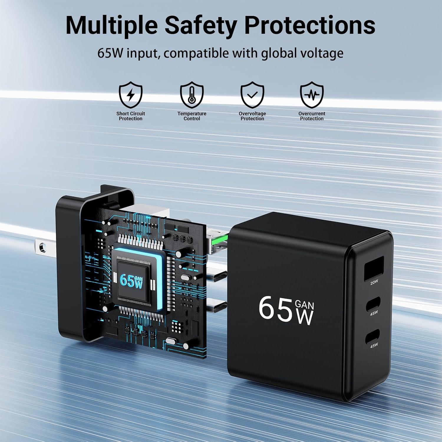 Cargador USB C UMERYU 65W Plegable 3 Puertos Rápido Negro