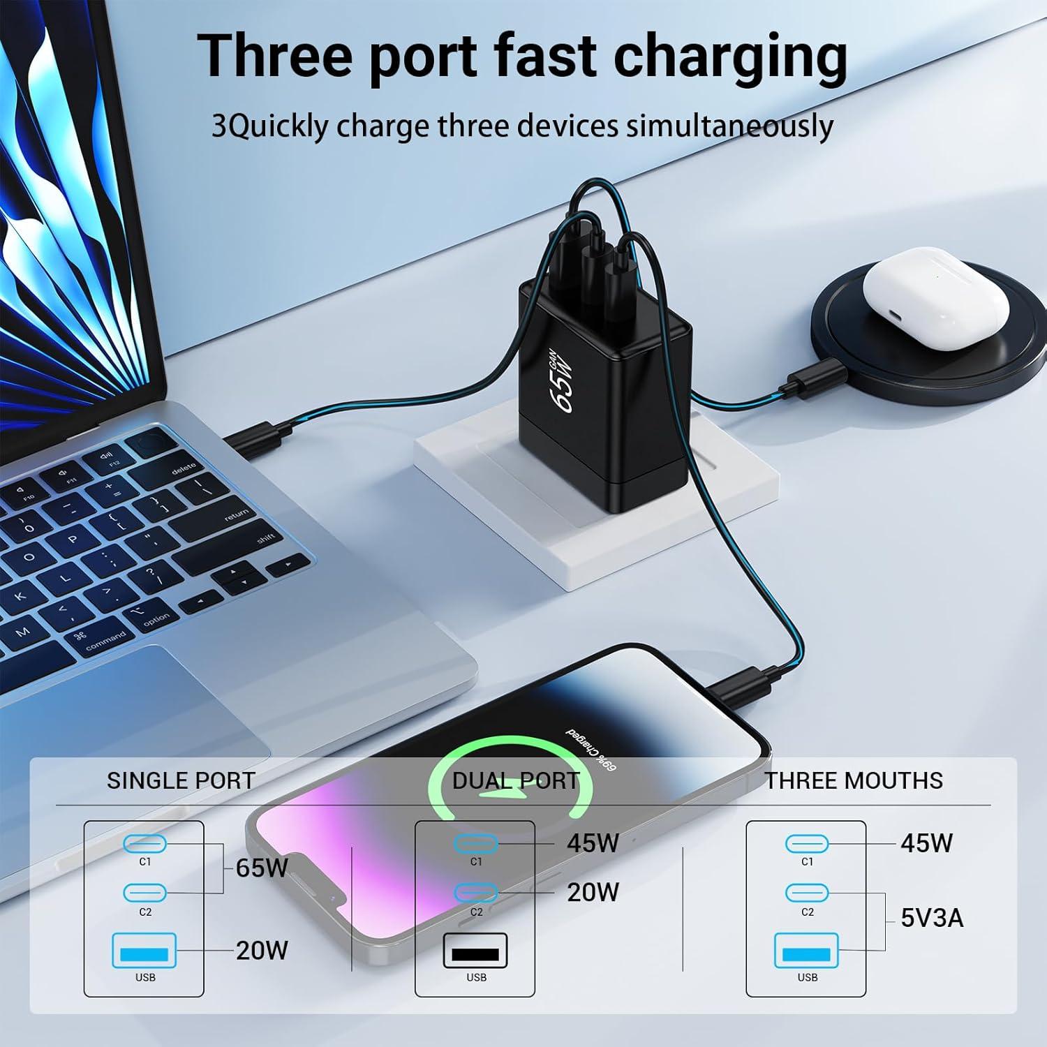 Cargador USB C UMERYU 65W Plegable 3 Puertos Rápido Negro