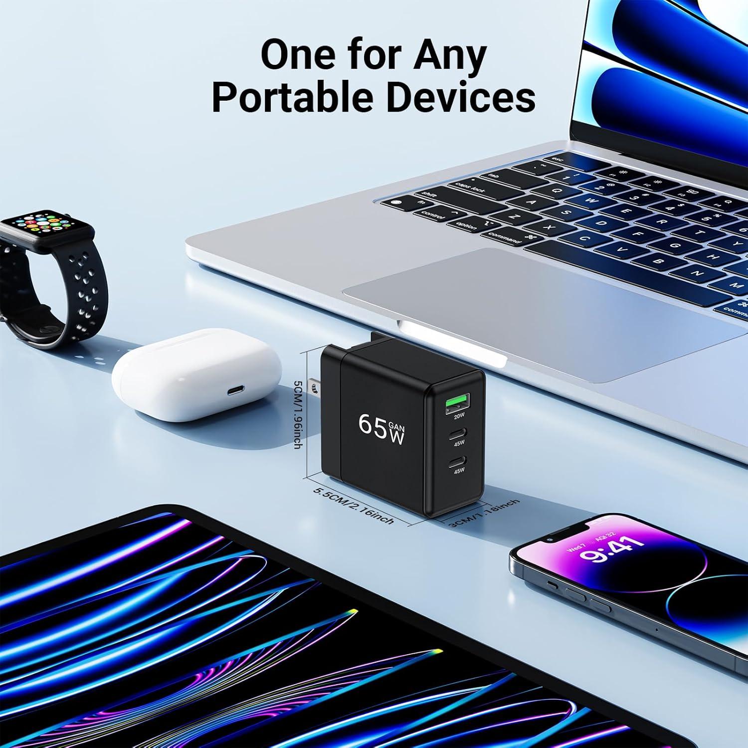 Cargador USB C UMERYU 65W Plegable 3 Puertos Rápido Negro