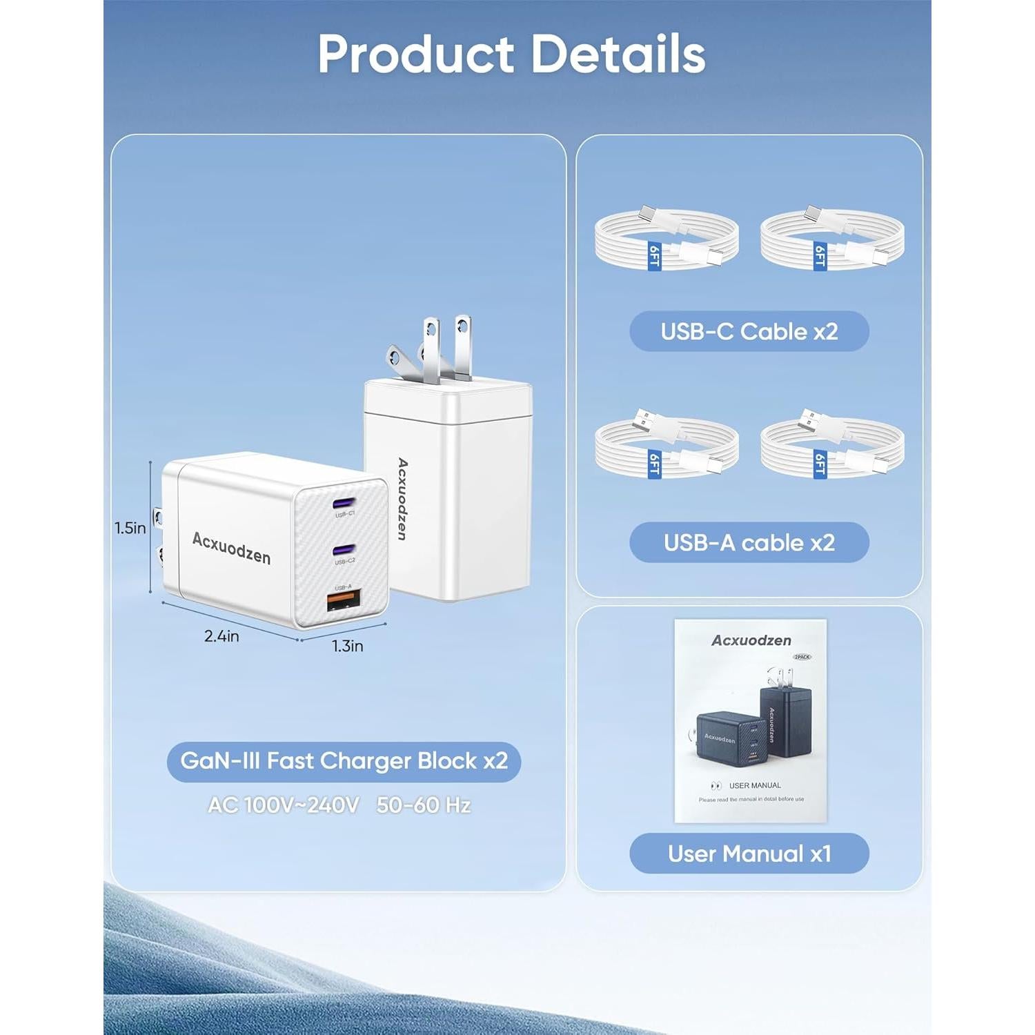 Cargador Rápido USB C 2 Paquete 65W con 4 Cables 6FT