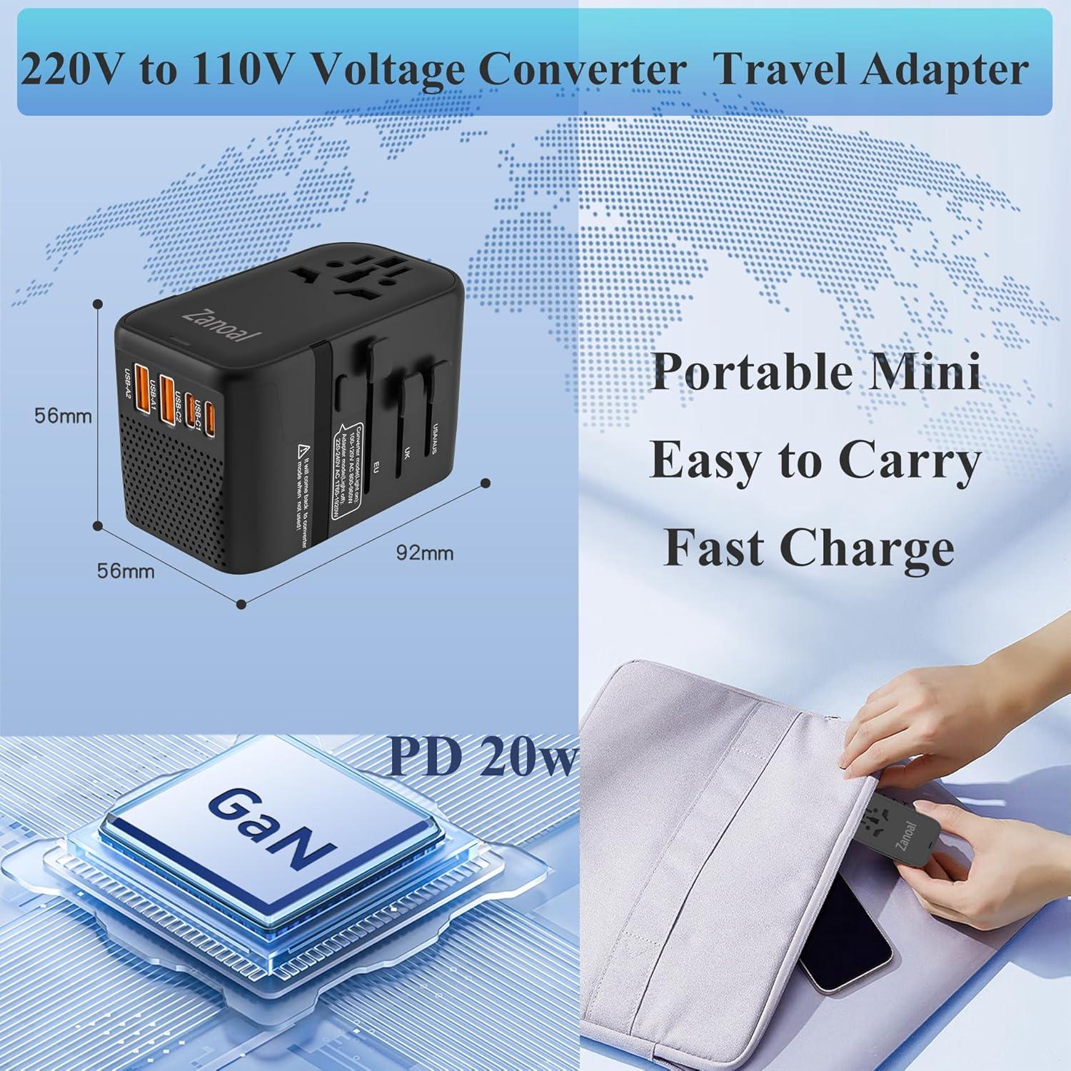 Convertidor de Voltaje Universal Zanoal 220V a 110V con 4 Puertos