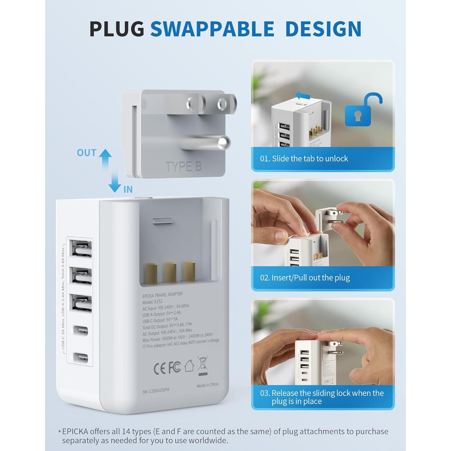 Adaptador de Viaje EPICKA X232B Universal 7 en 1 USB-C y AC