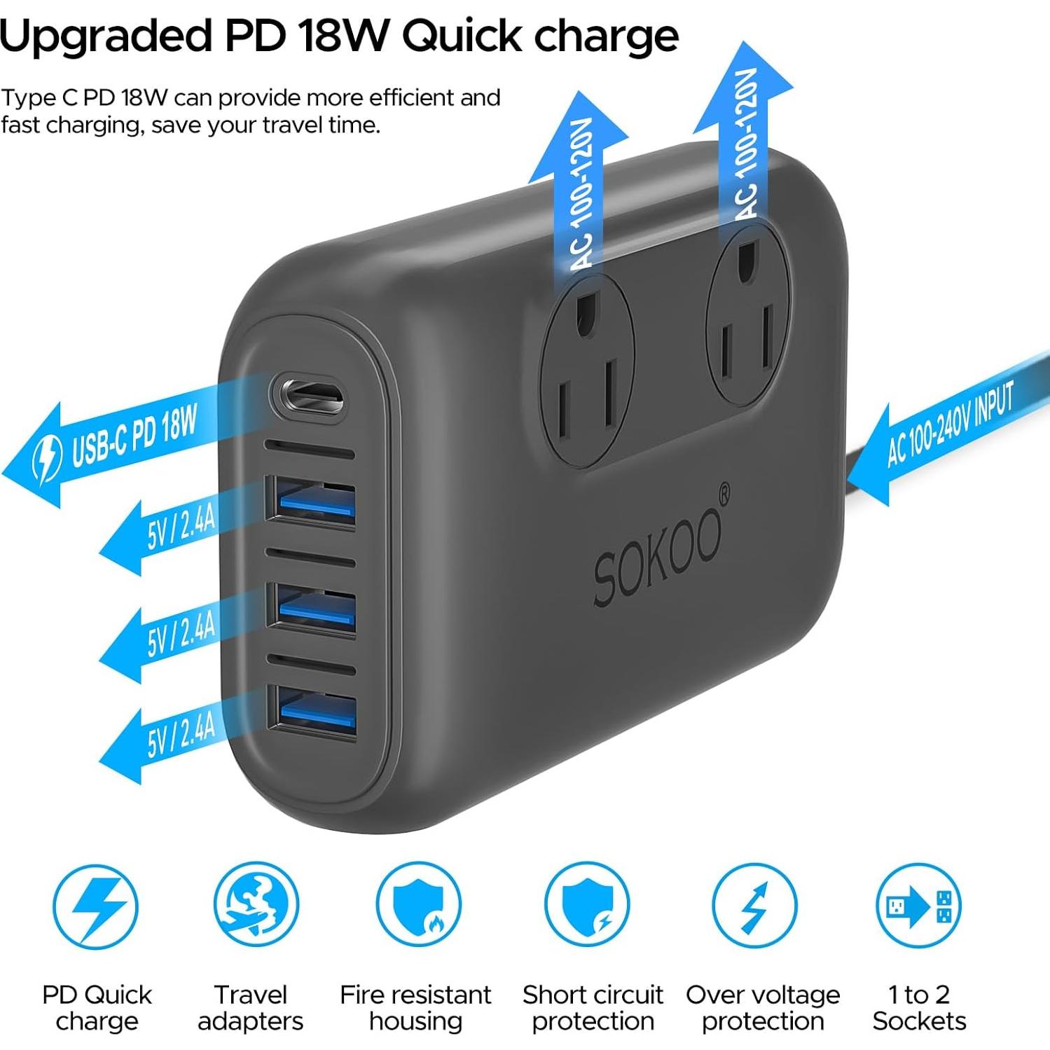 Convertidor de Voltaje SOKOO 220V a 110V con 4 Puertos USB
