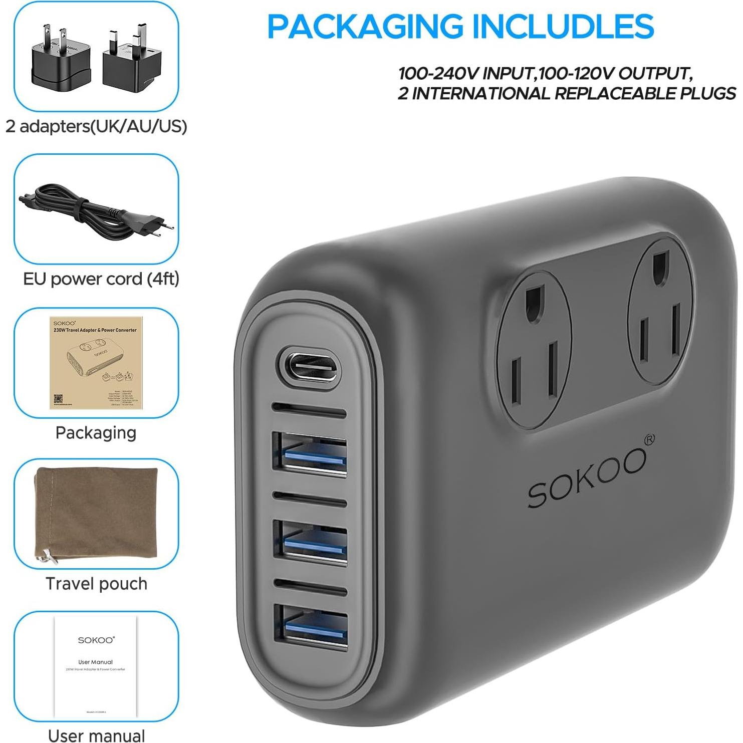 Convertidor de Voltaje SOKOO 220V a 110V con 4 Puertos USB