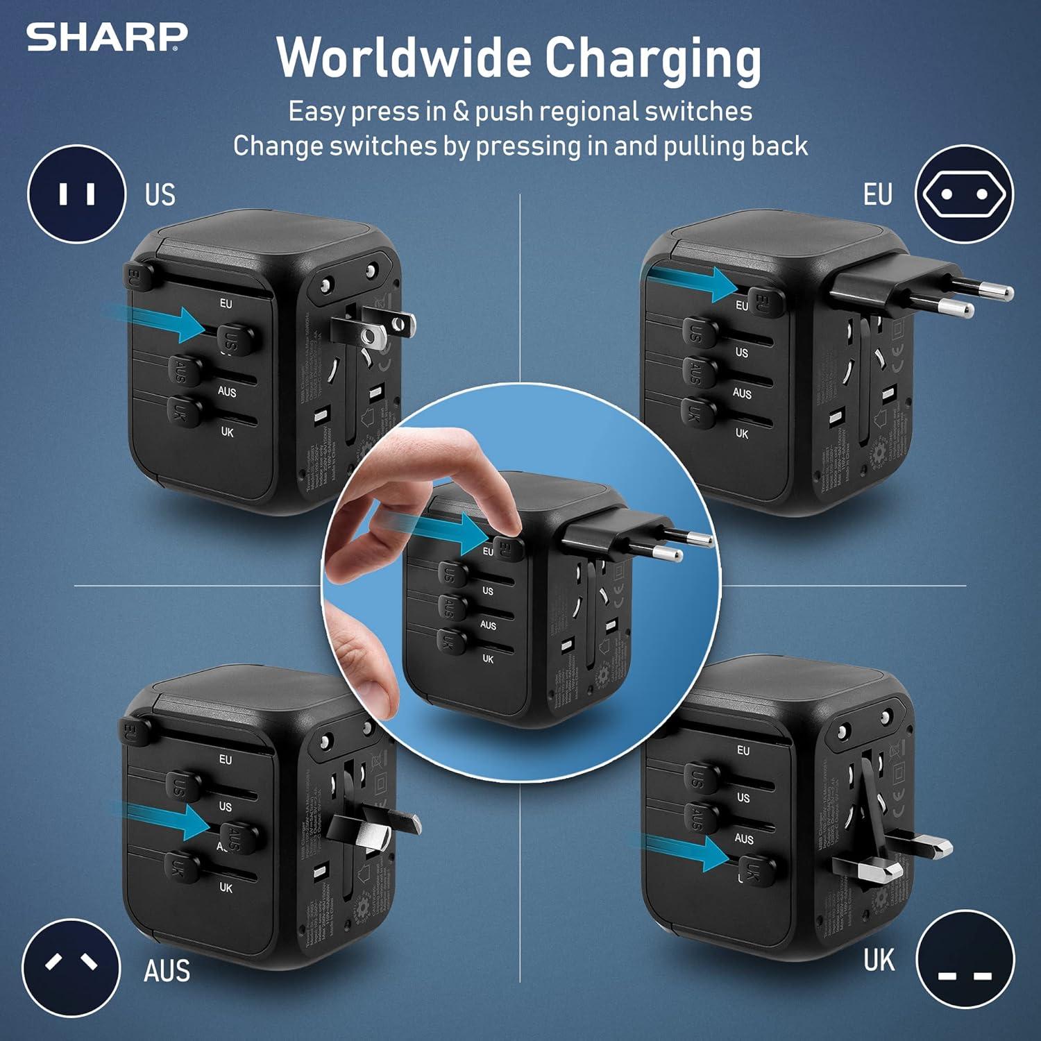Adaptador de Viaje Universal SHARP con 4 Puertos USB - Negro