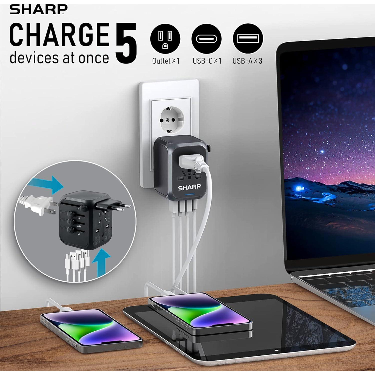 Adaptador de Viaje Universal SHARP con 4 Puertos USB - Negro