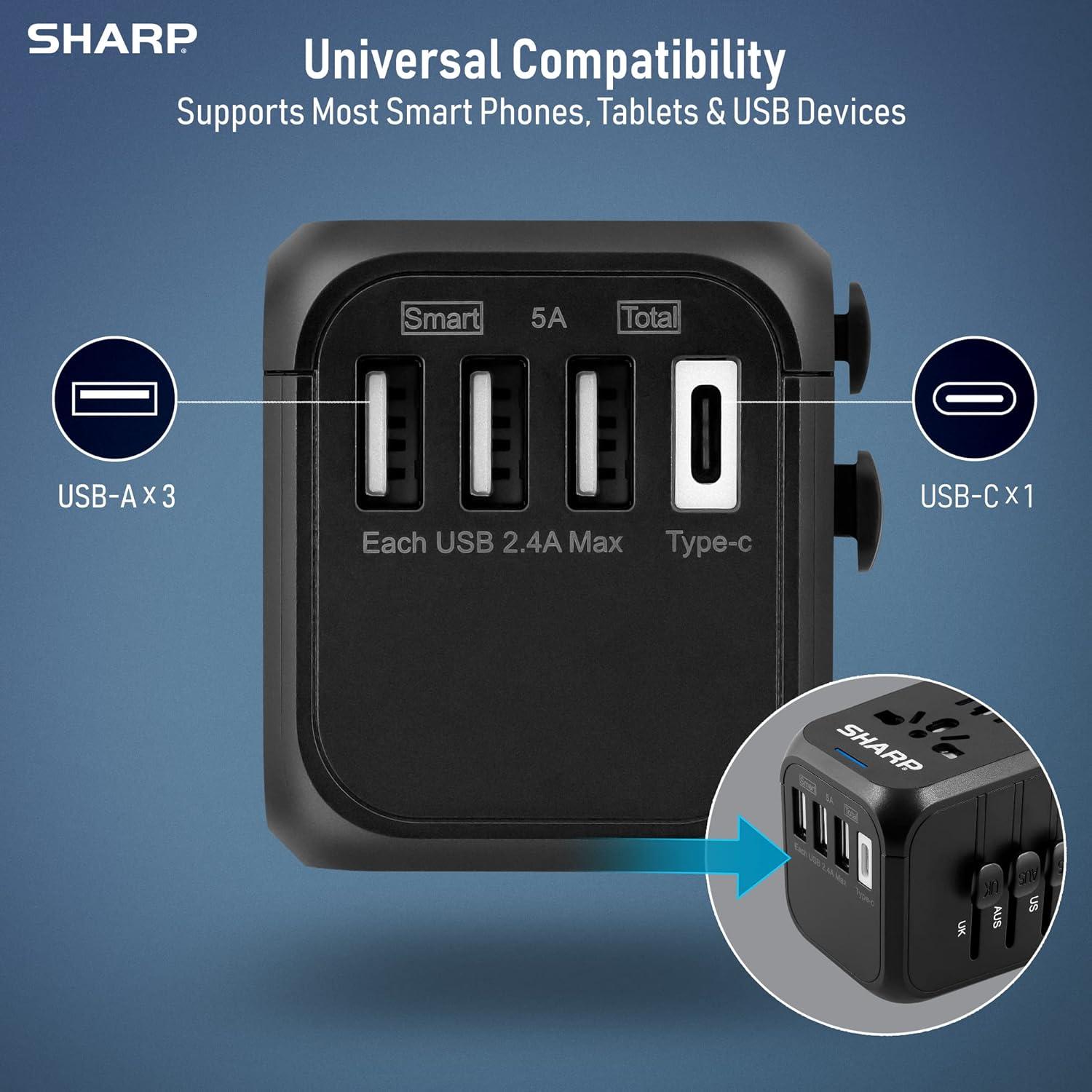 Adaptador de Viaje Universal SHARP con 4 Puertos USB - Negro