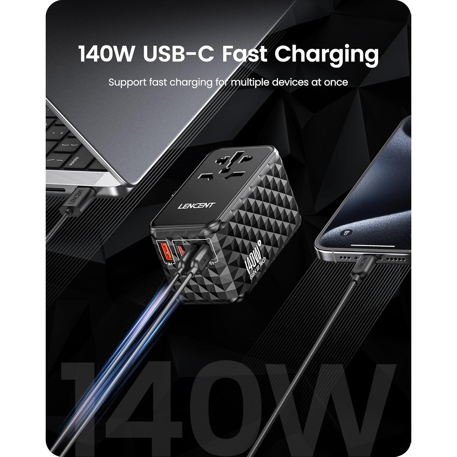 Adaptador de Viaje Universal LENCENT 140W con 4 Puertos USB