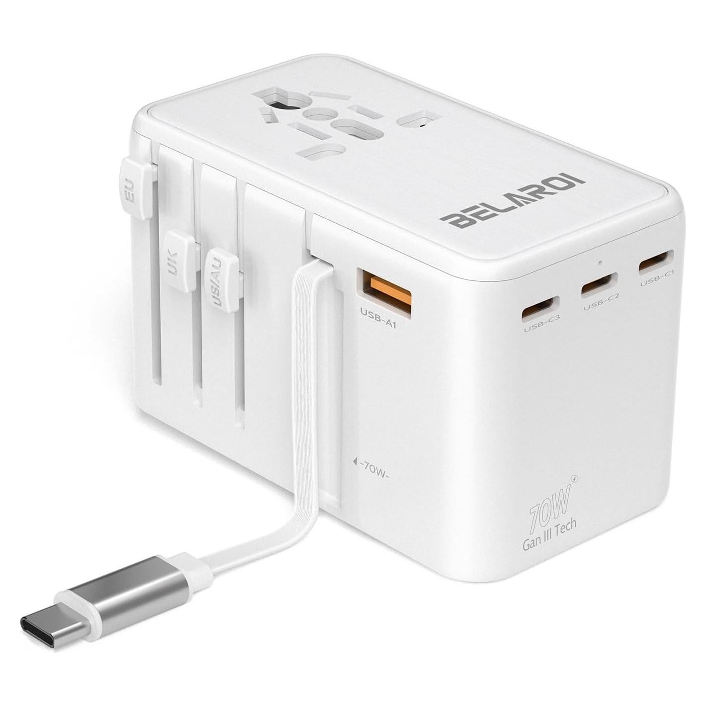 Adaptador de Viaje Universal 70W ROVAN con 4 Puertos USB Blanco