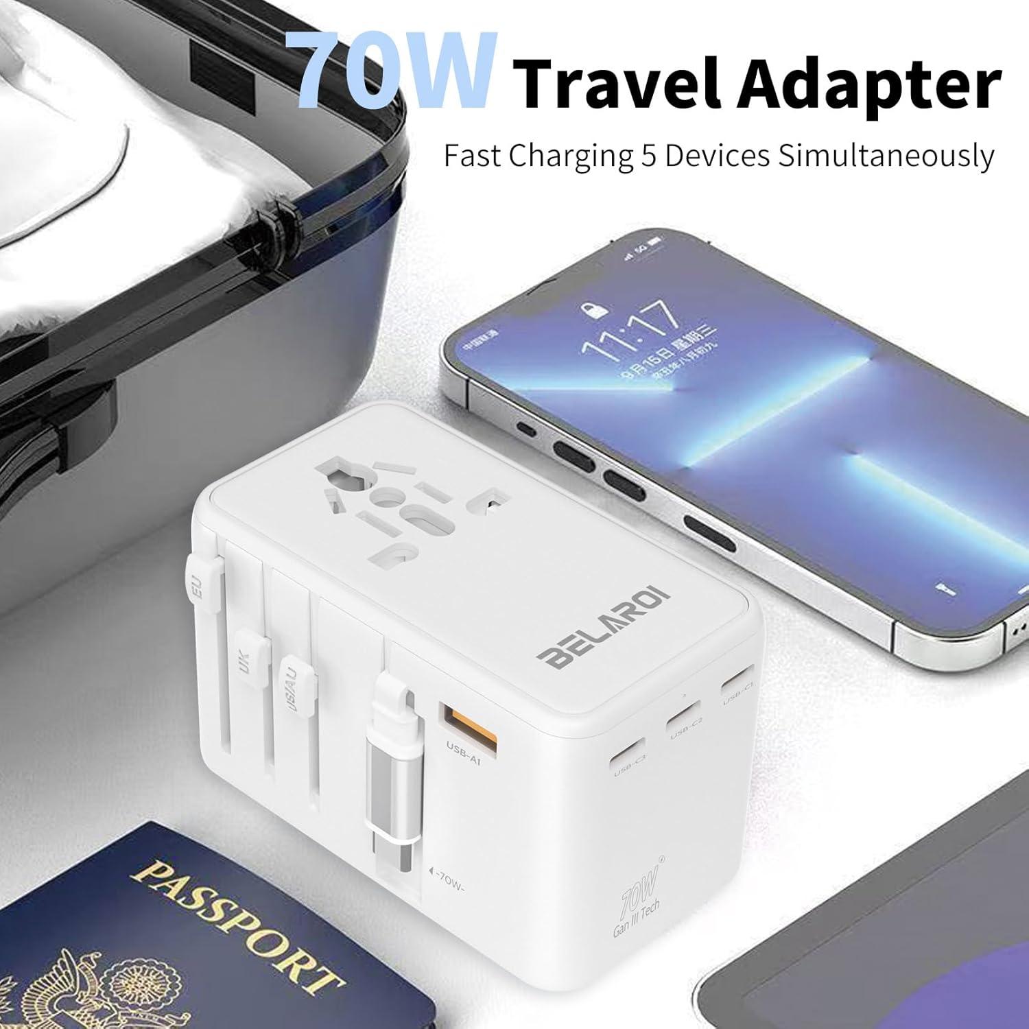 Adaptador de Viaje Universal 70W ROVAN con 4 Puertos USB Blanco