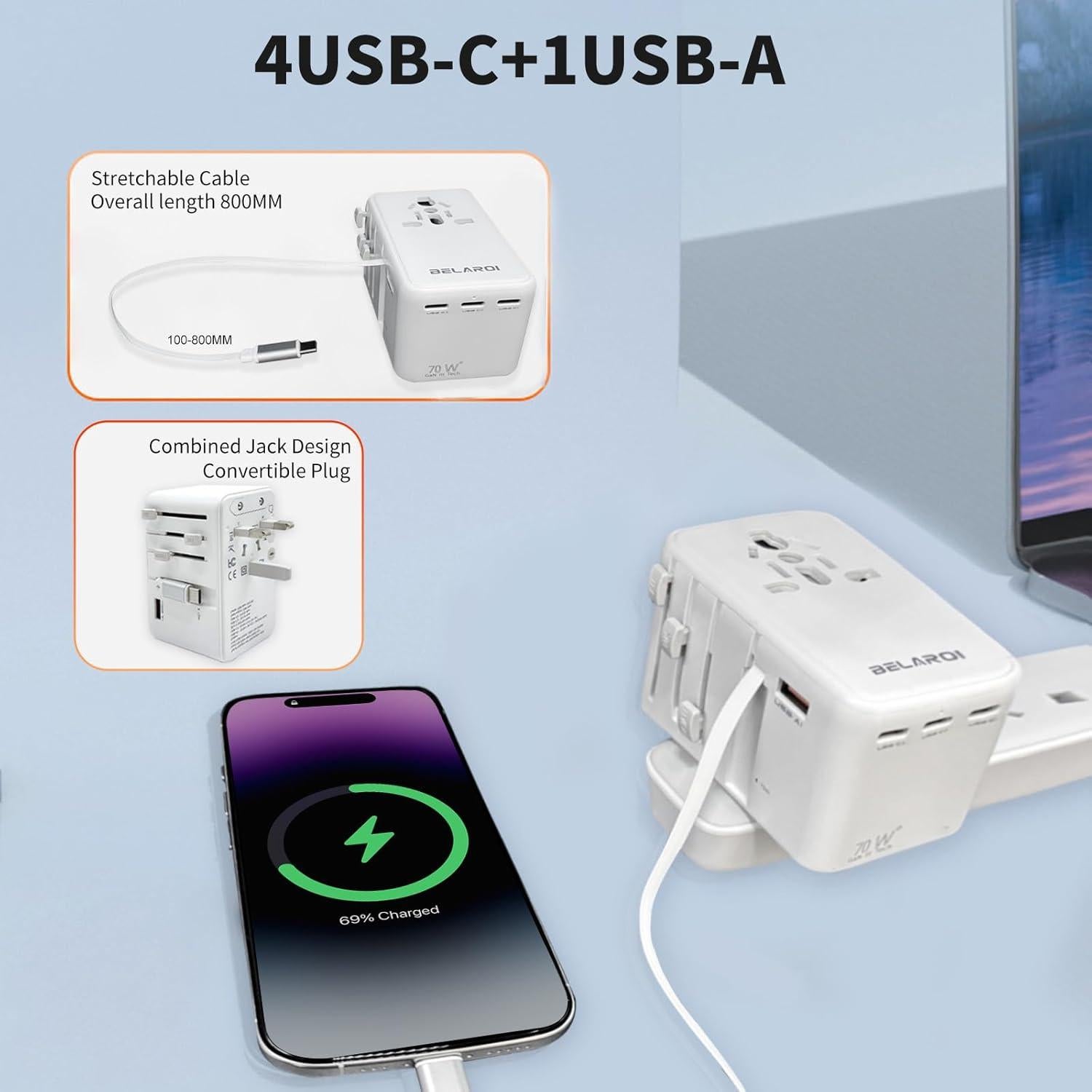 Adaptador de Viaje Universal 70W ROVAN con 4 Puertos USB Blanco