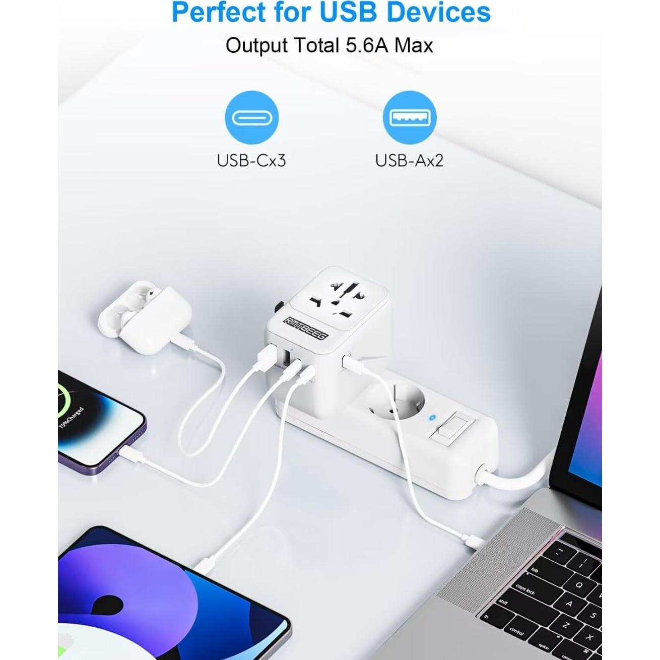 Adaptador de Enchufe Universal RMTBEEG 6 en 1 con 5 Puertos USB