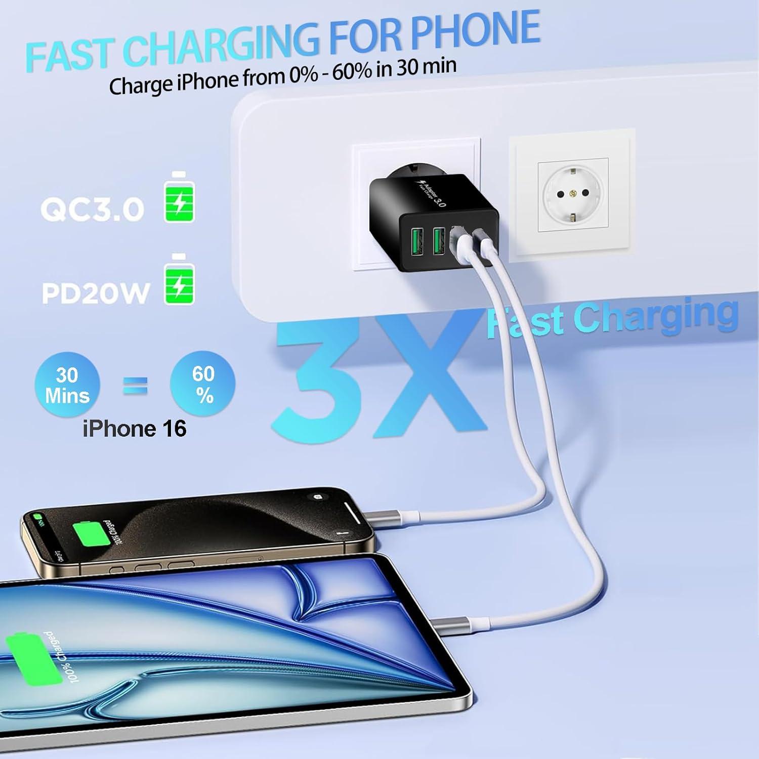 Adaptador de Enchufe Europeo 40W CARZONJX 4 Puertos USB C