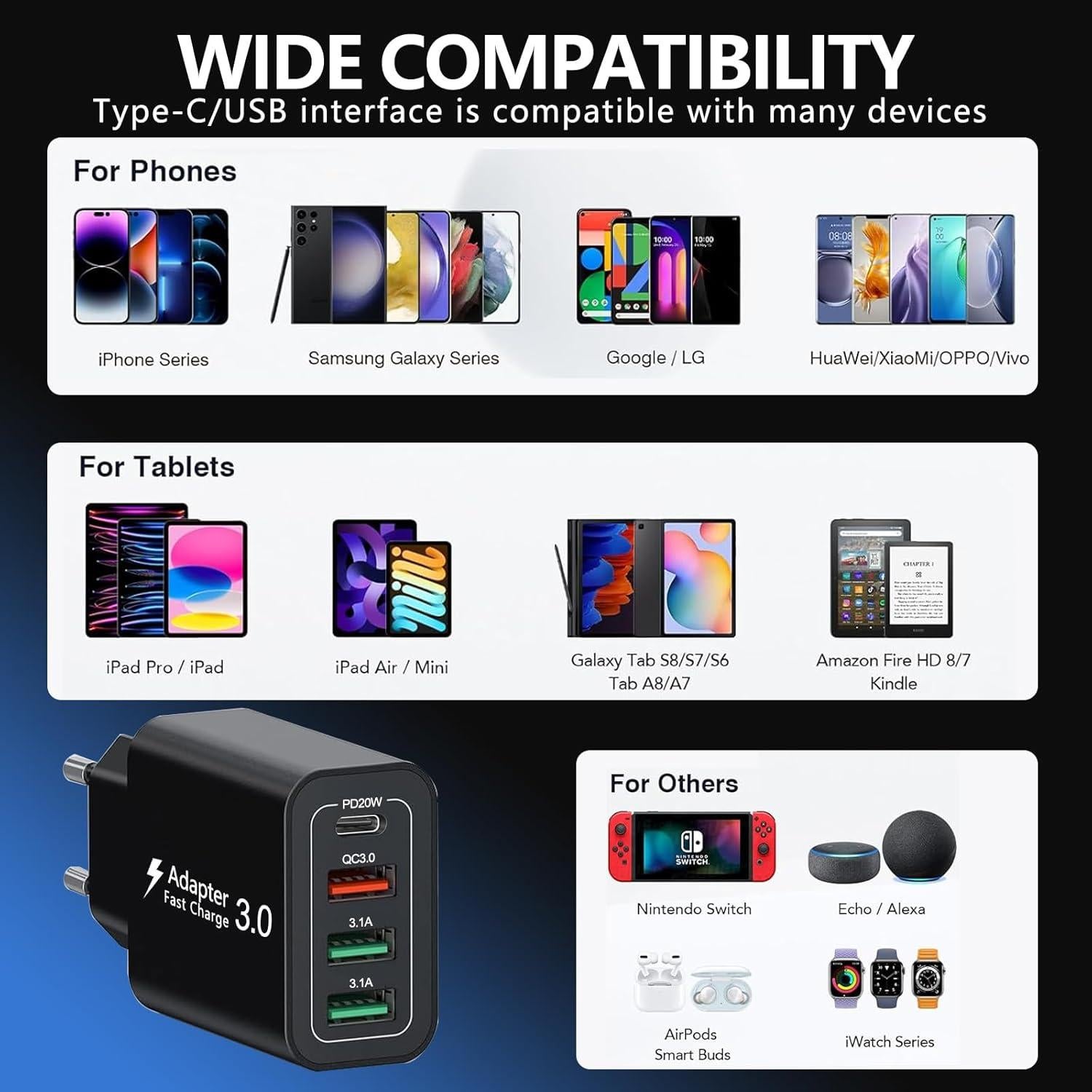 Adaptador de Enchufe Europeo 40W CARZONJX 4 Puertos USB C