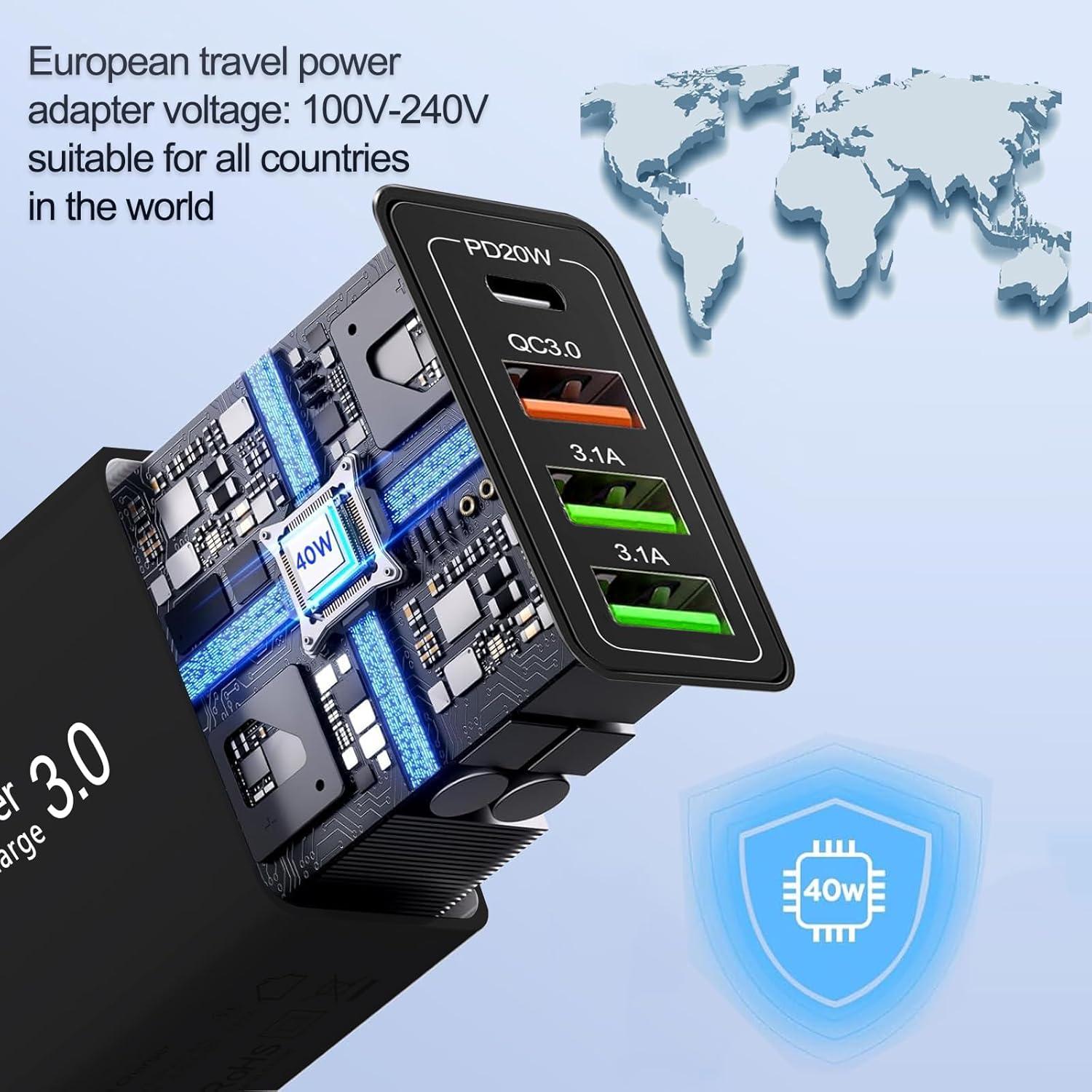 Adaptador de Enchufe Europeo 40W CARZONJX 4 Puertos USB C