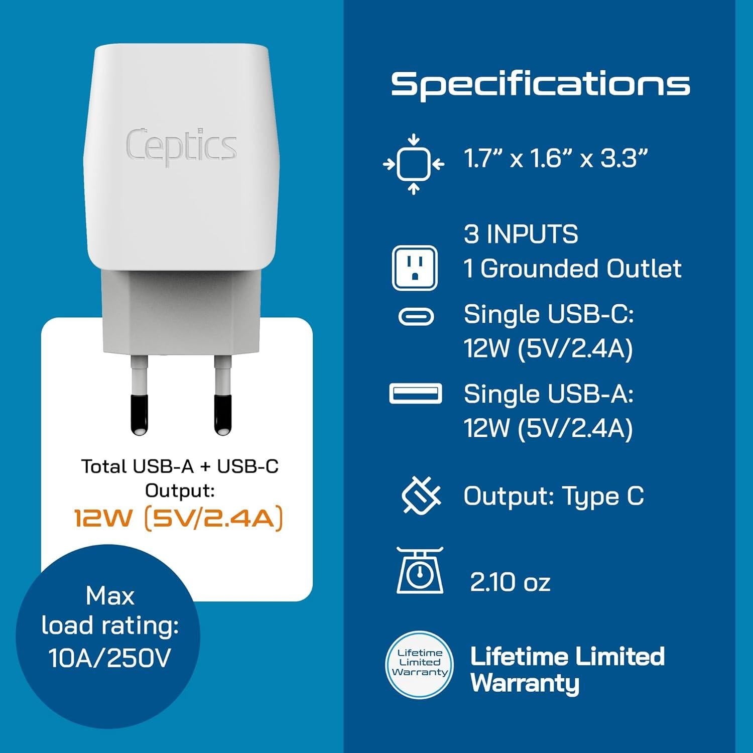 Adaptador de Enchufe de Viaje Ceptics Tipo C - USB-A y C