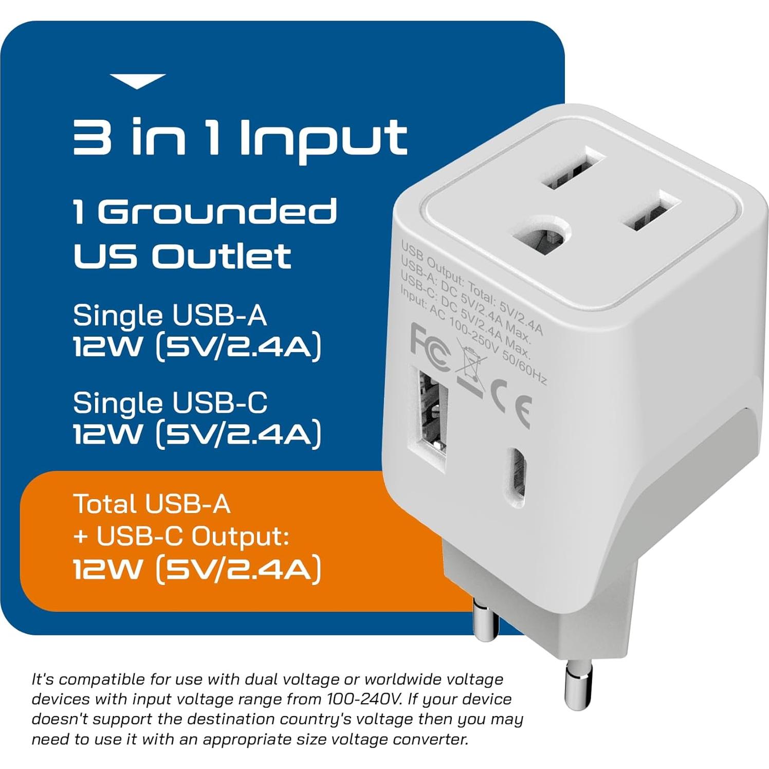 Adaptador de Enchufe de Viaje Ceptics Tipo C - USB-A y C