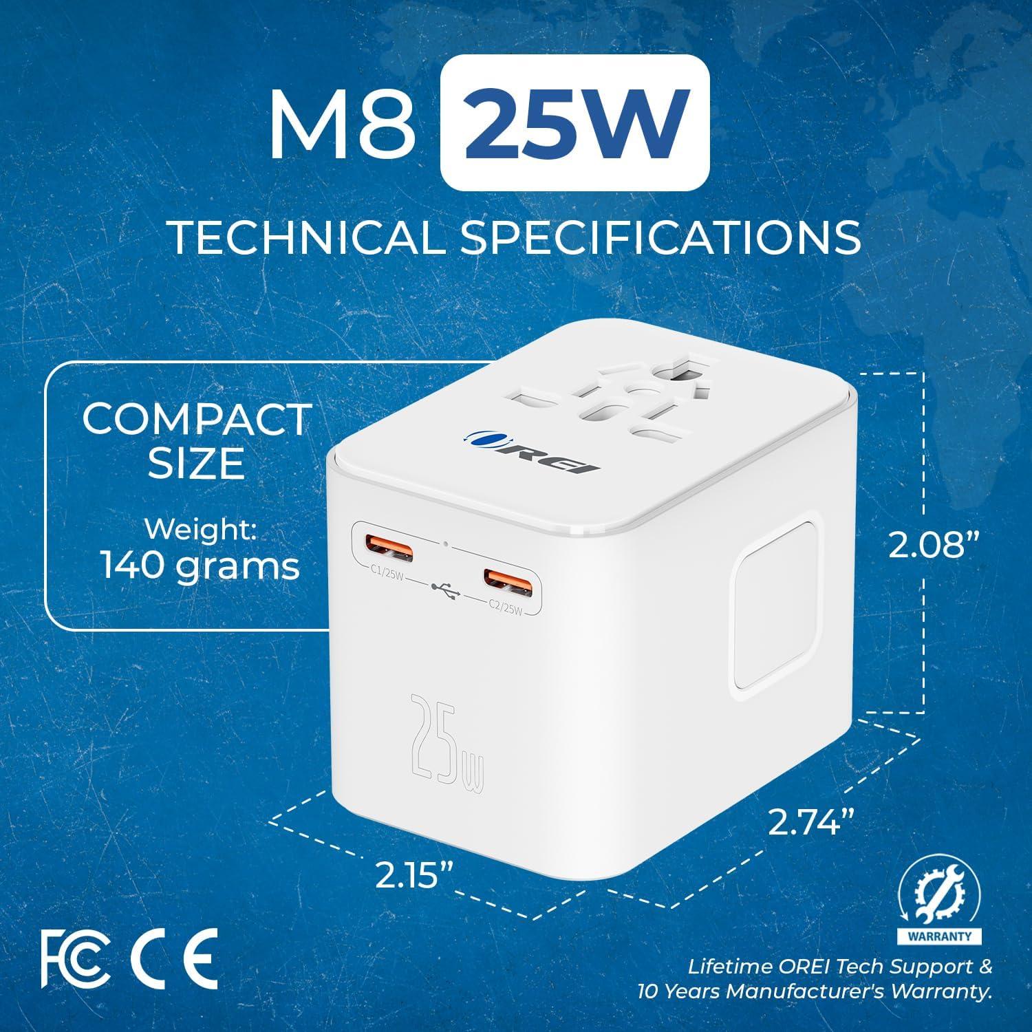 Adaptador de Viaje Universal OREI M8 25W 4-en-1 USB-C