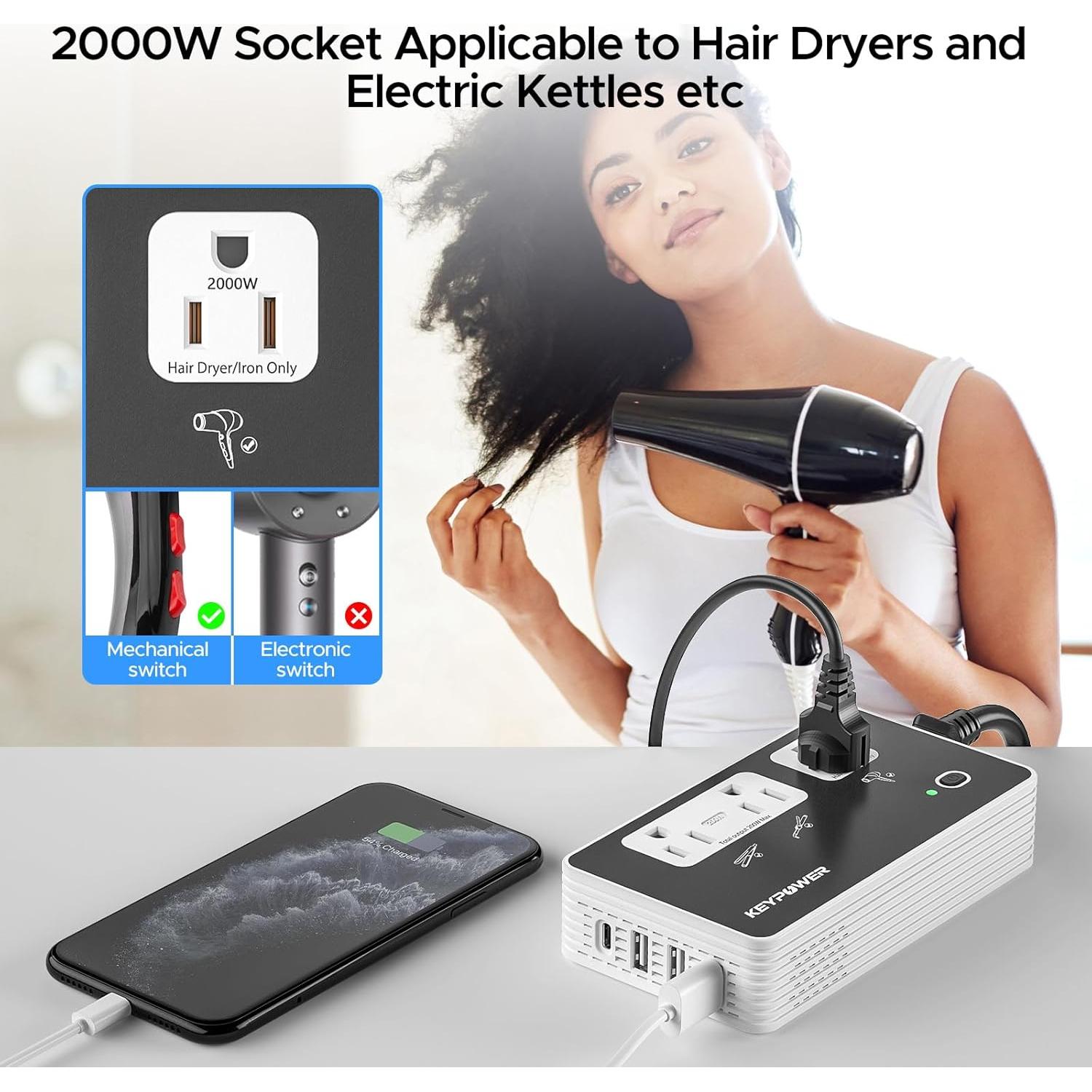 Convertidor de Voltaje Key Power 2000W 220V a 110V para Viajes