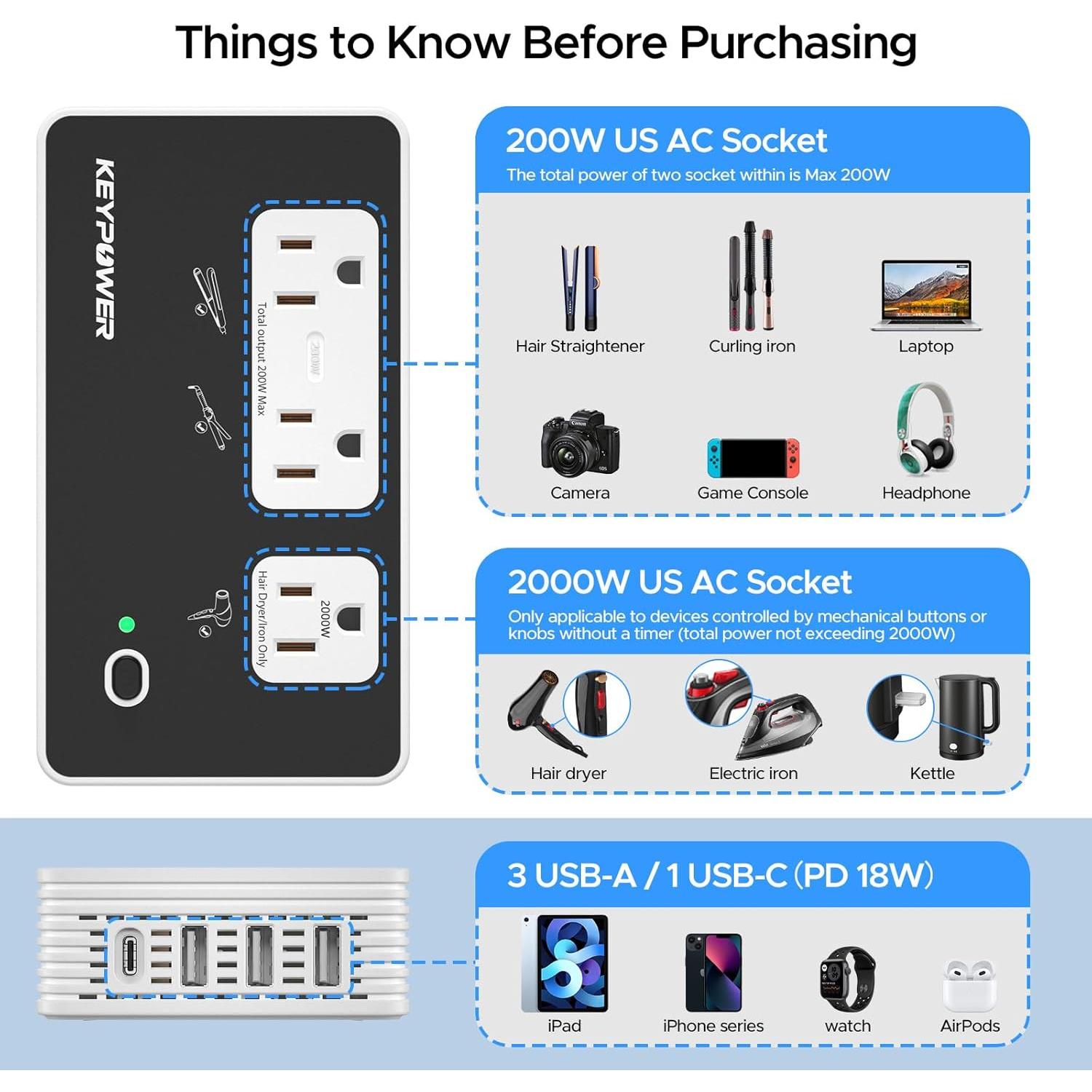 Convertidor de Voltaje Key Power 2000W 220V a 110V para Viajes