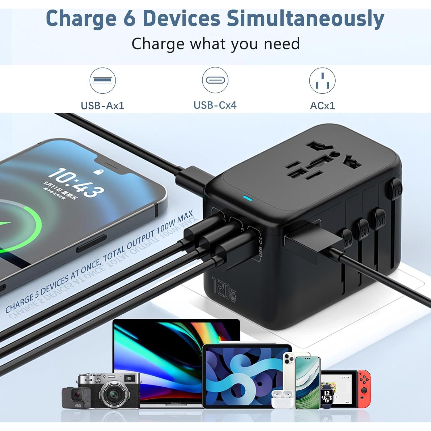 Adaptador de Viaje Internacional Huafeliz 120W 4USB-C 1USB-A