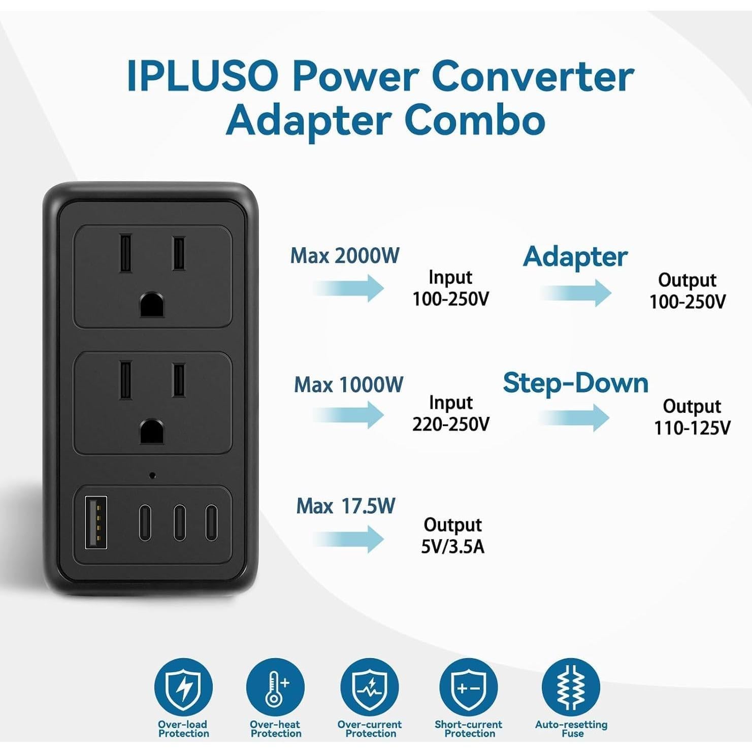 Convertidor de Voltaje 2000W IPLUSO 220V a 110V para Viajes