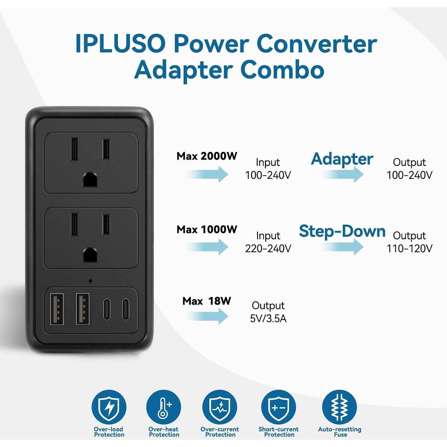 Convertidor de Voltaje 2000W IPLUSO 220V a 110V con USB