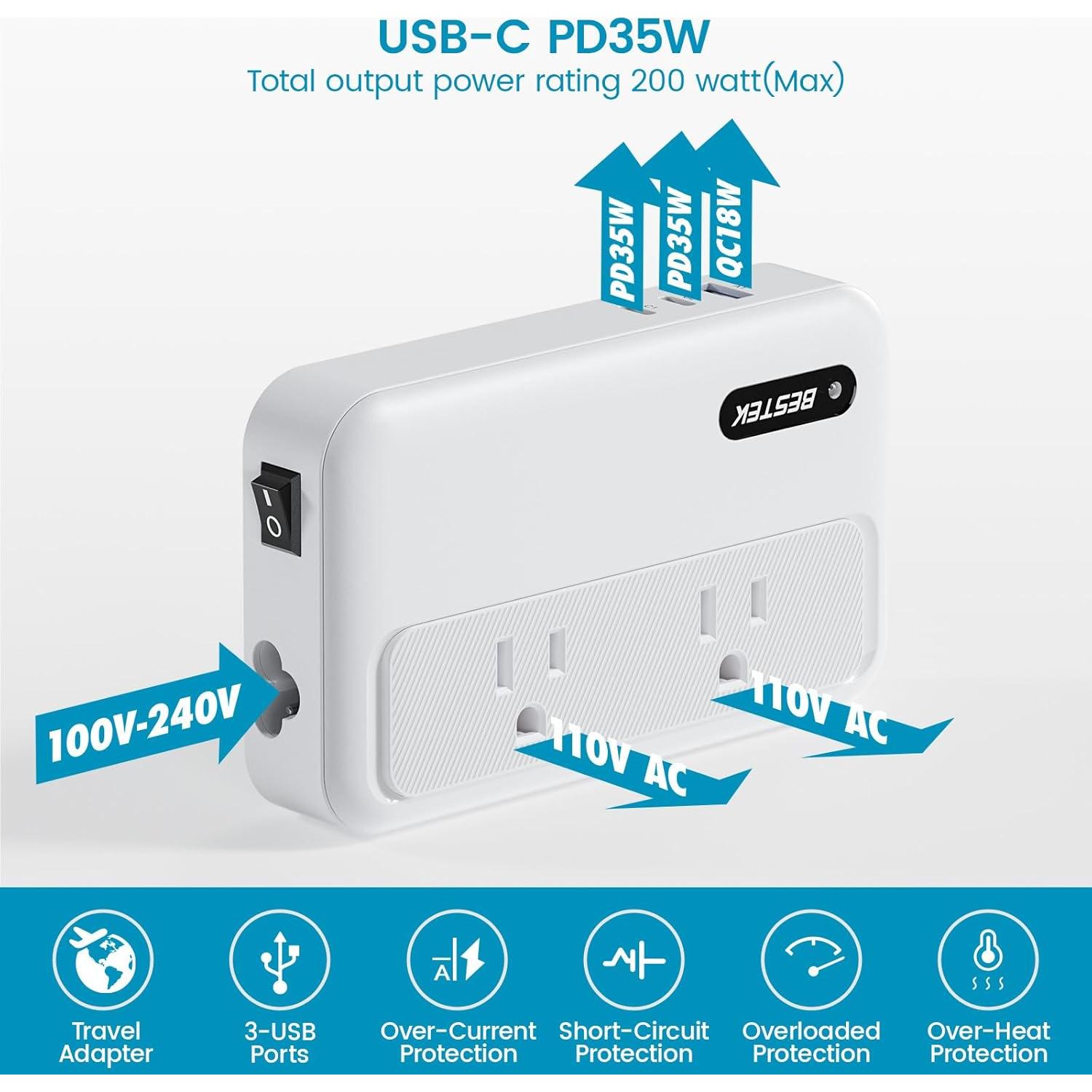 Convertidor de Voltaje BESTEK 220V a 110V con USB 3 Puertos