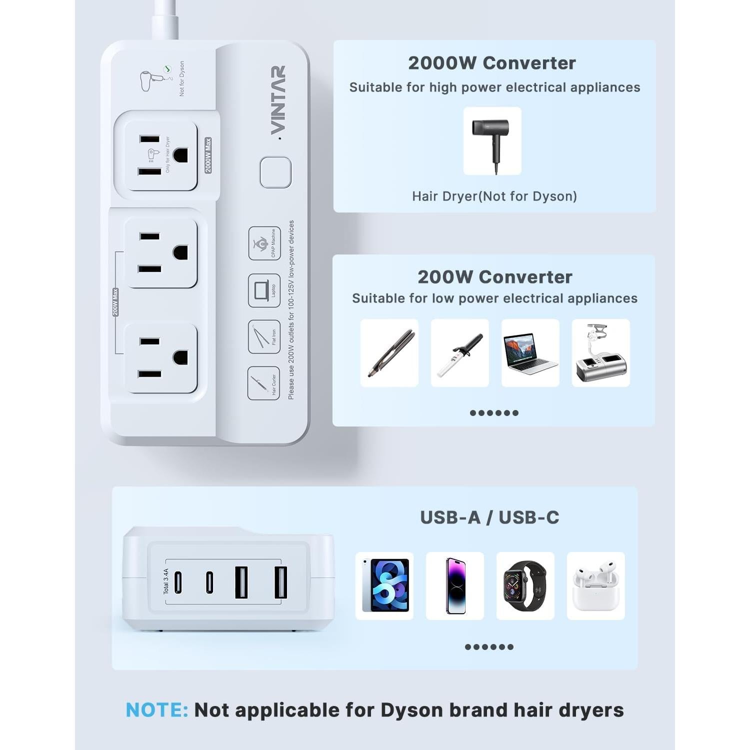 Convertidor de Voltaje VINTAR 220V a 110V 2000W con USB