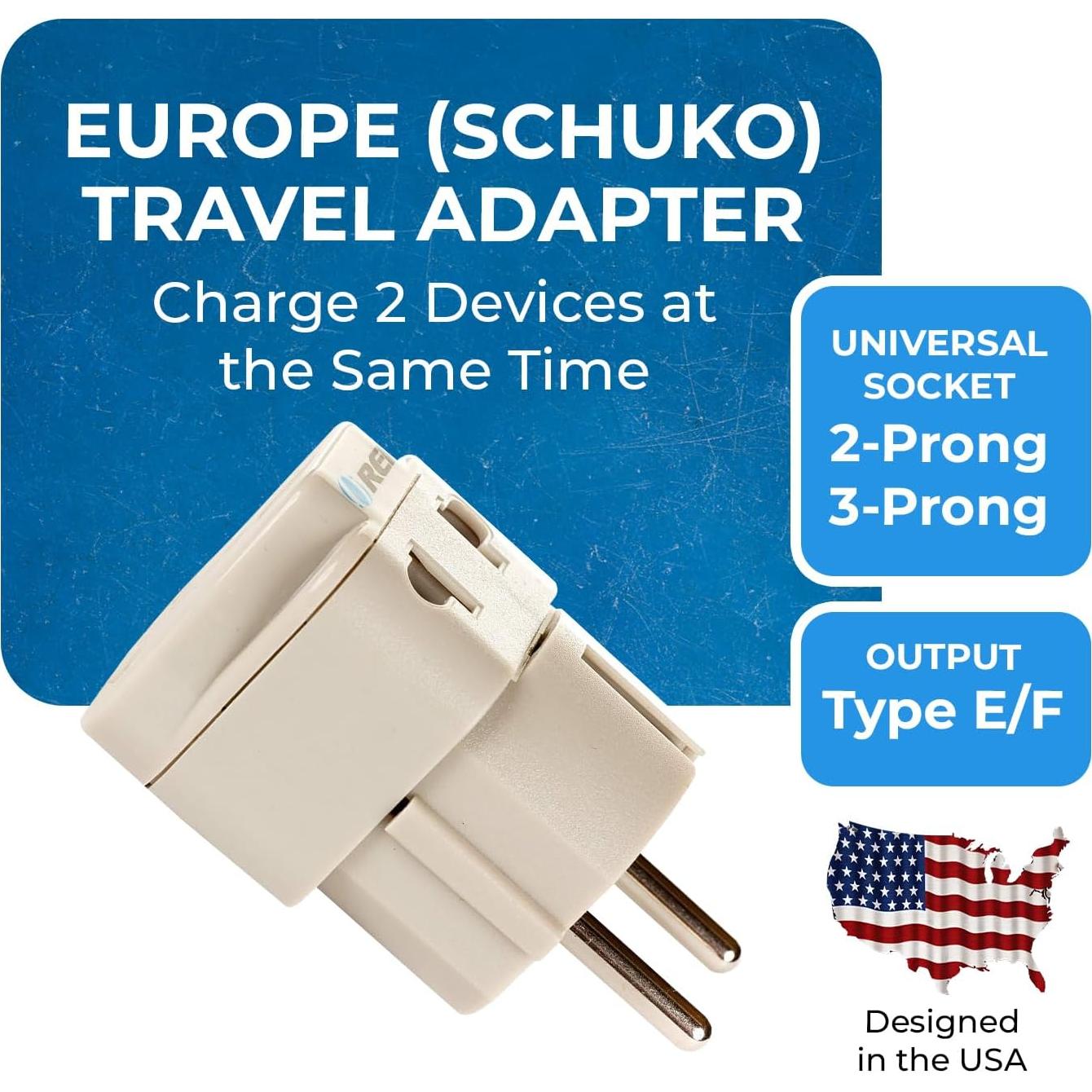 Adaptador de viaje OREI USA a Europa Schuko 2 en 1 - Paquete de 2