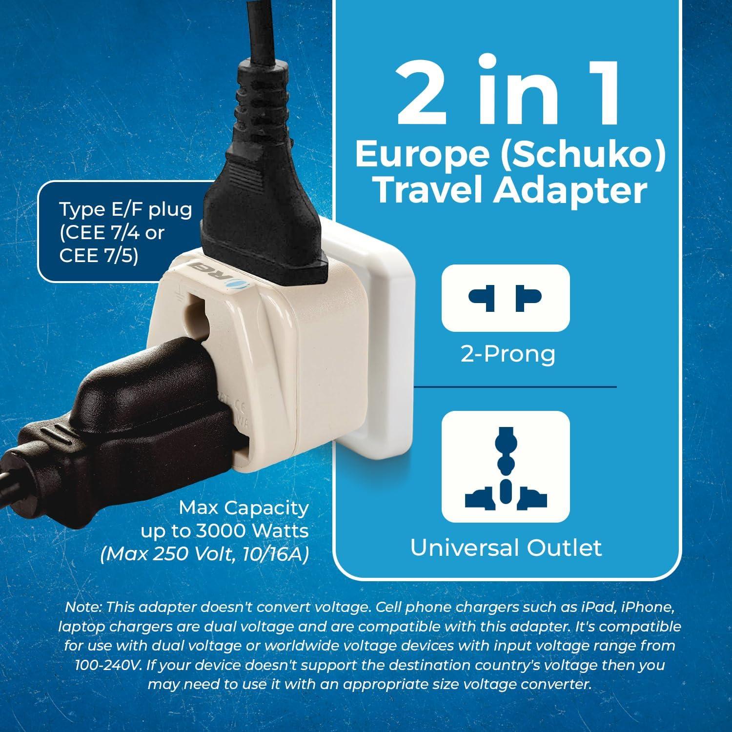 Adaptador de viaje OREI USA a Europa Schuko 2 en 1 - Paquete de 2