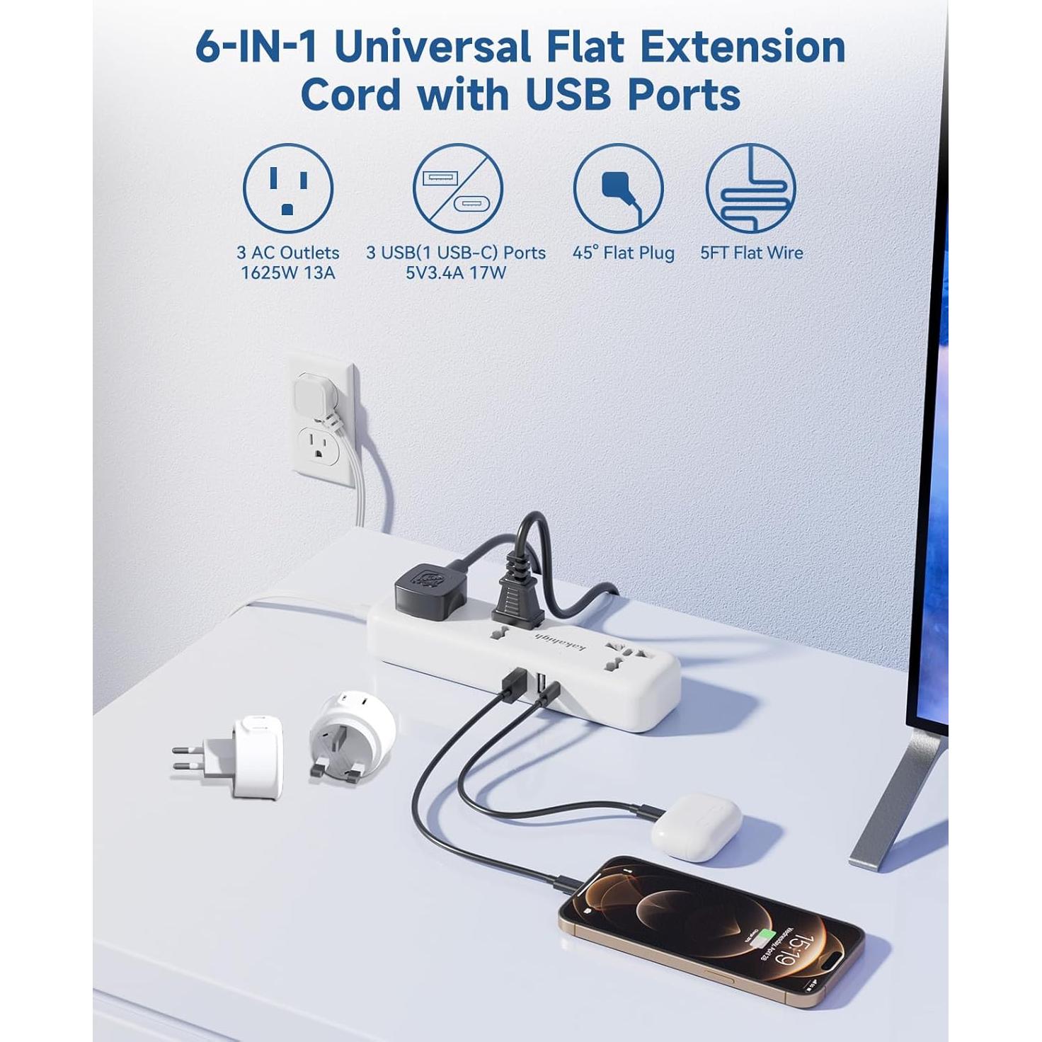 Adaptador de Enchufe Universal KAKAHIGH con USB 5FT