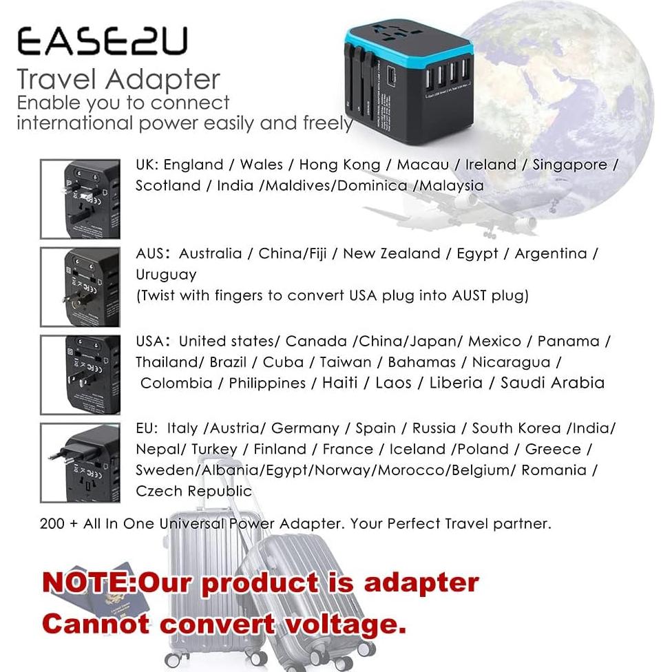 Adaptador Universal de Viaje Ease2U con 4 Puertos USB 8A