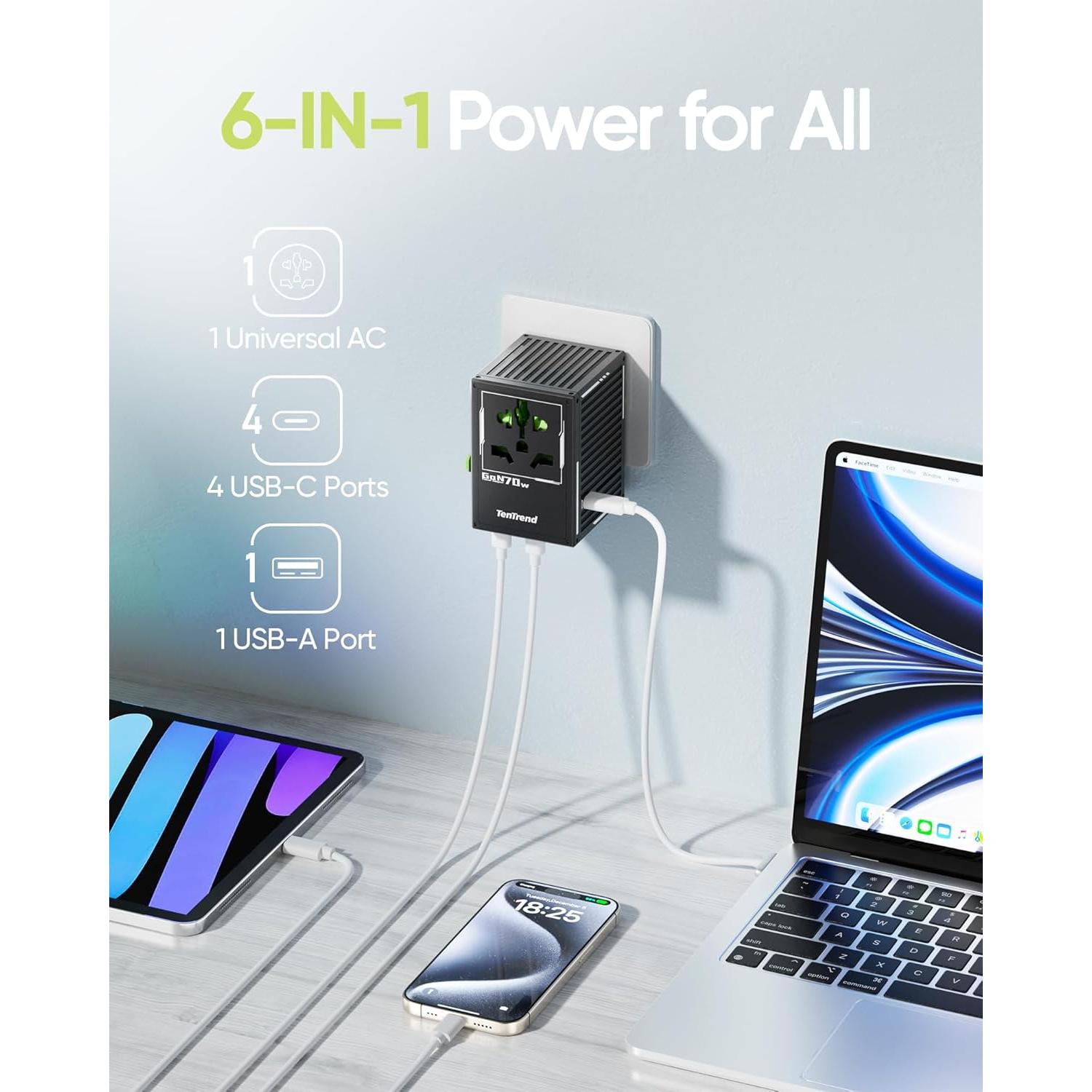 Adaptador de Viaje Universal TenTrend 70W con 4 USB-C y 1 USB-A
