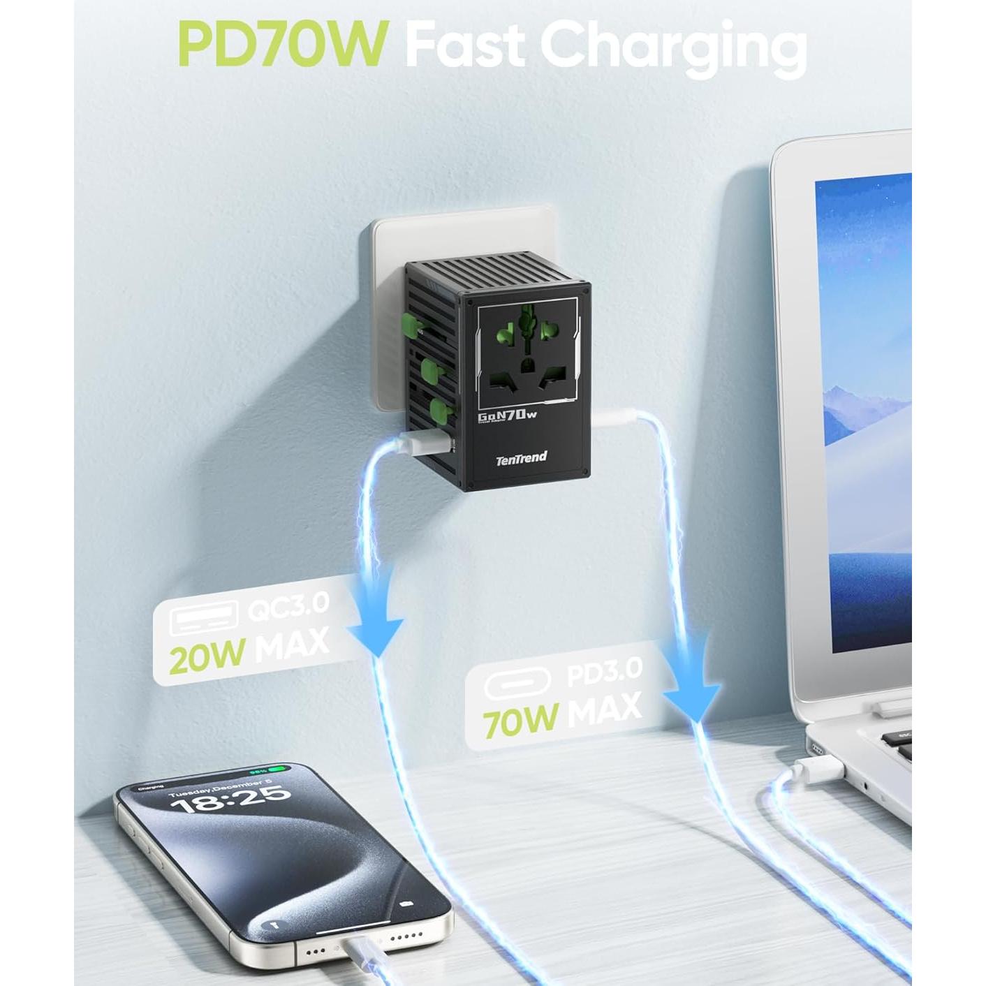 Adaptador de Viaje Universal TenTrend 70W con 4 USB-C y 1 USB-A