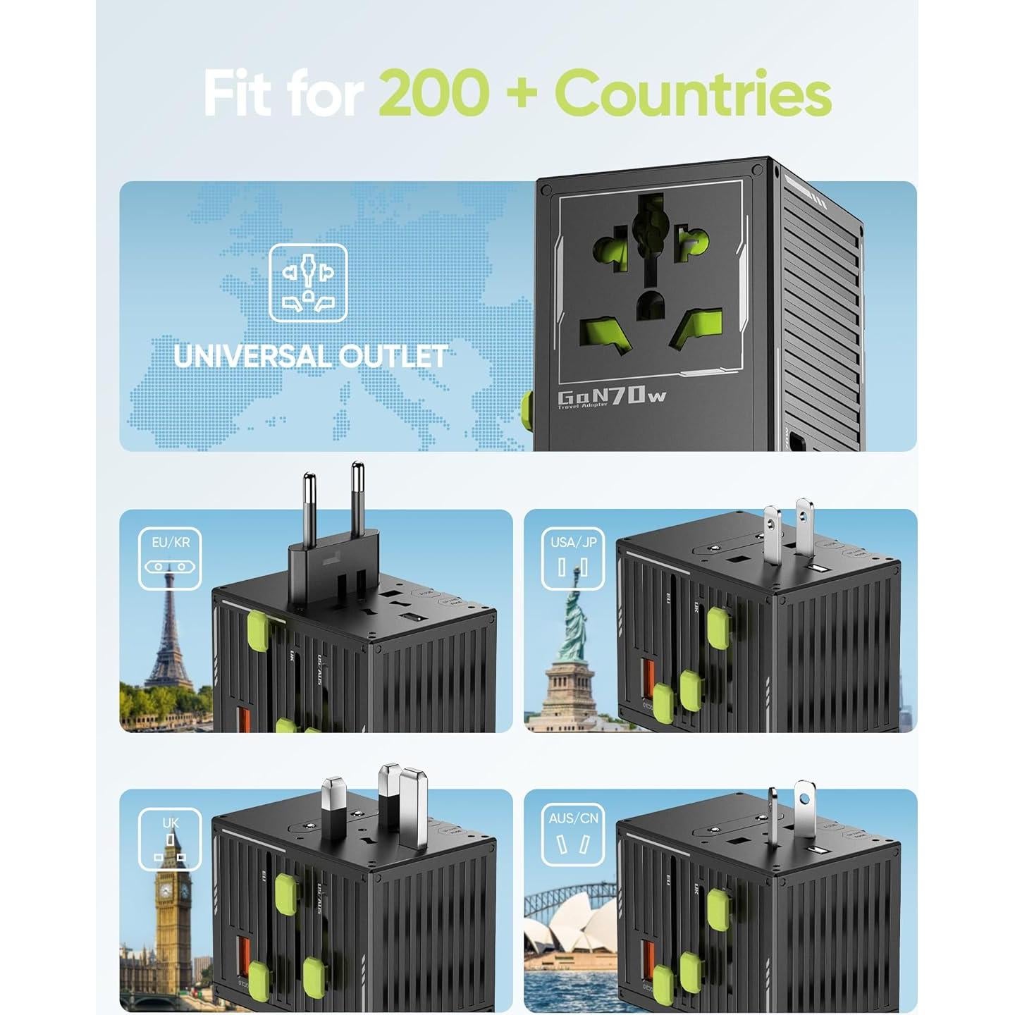 Adaptador de Viaje Universal TenTrend 70W con 4 USB-C y 1 USB-A