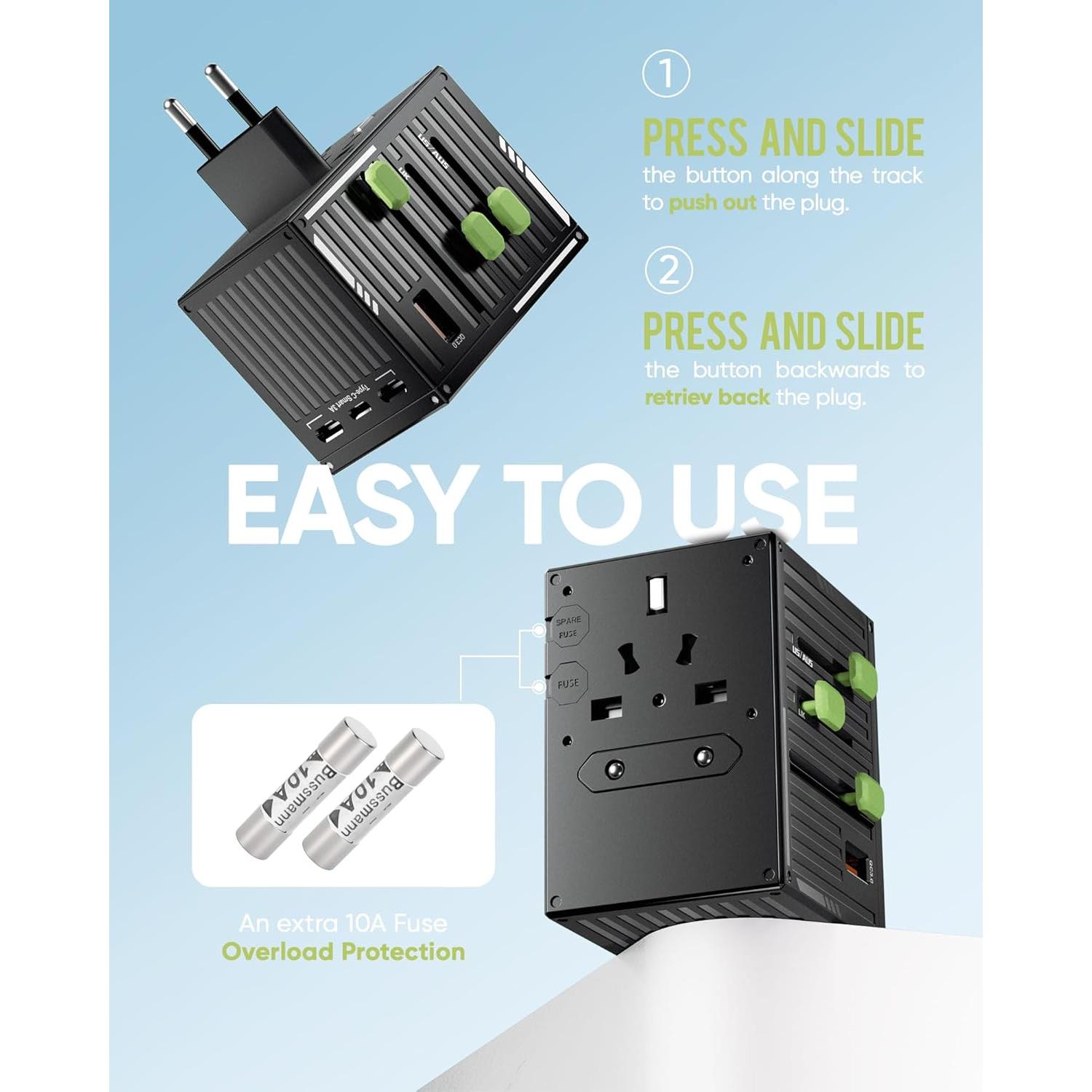 Adaptador de Viaje Universal TenTrend 70W con 4 USB-C y 1 USB-A