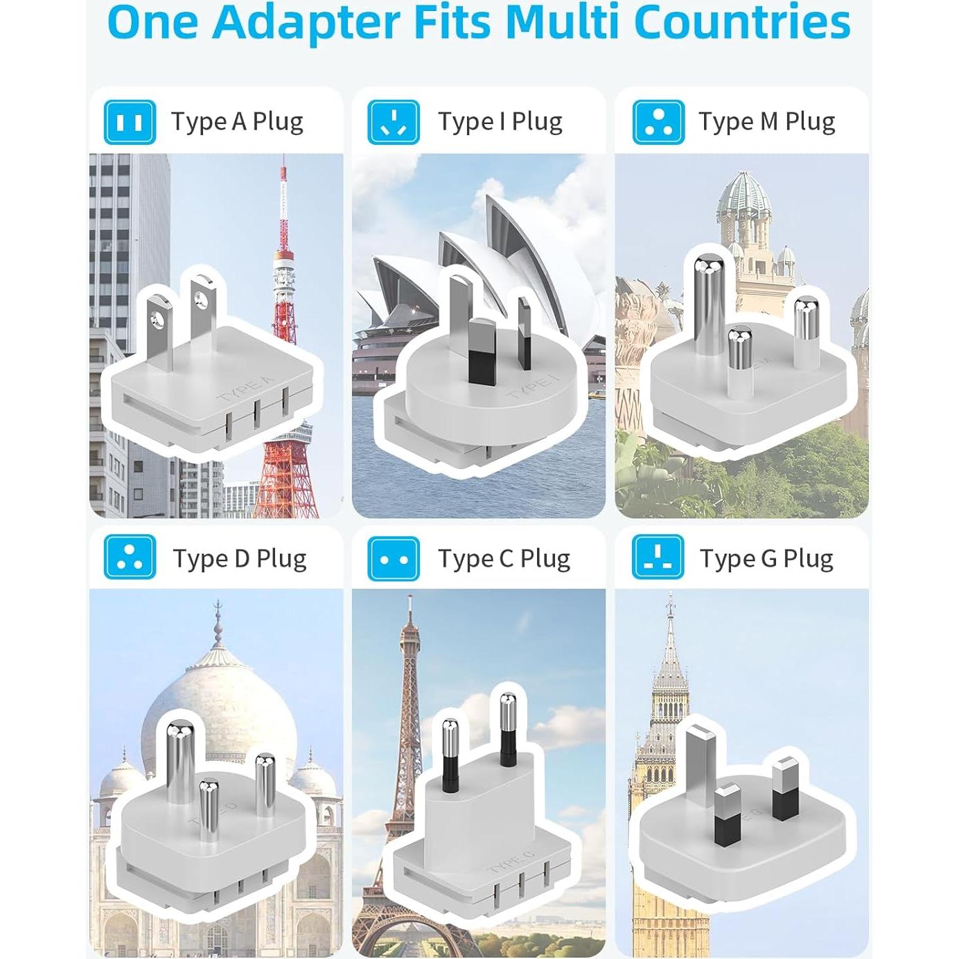 Adaptador de Viaje Universal PAEWOK 8 en 1 con 6 Enchufes y 4 USB
