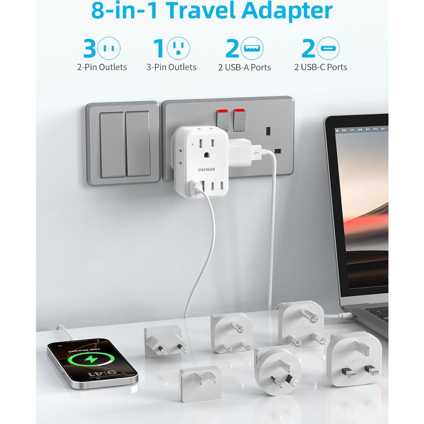 Adaptador de Viaje Universal PAEWOK 8 en 1 con 6 Enchufes y 4 USB