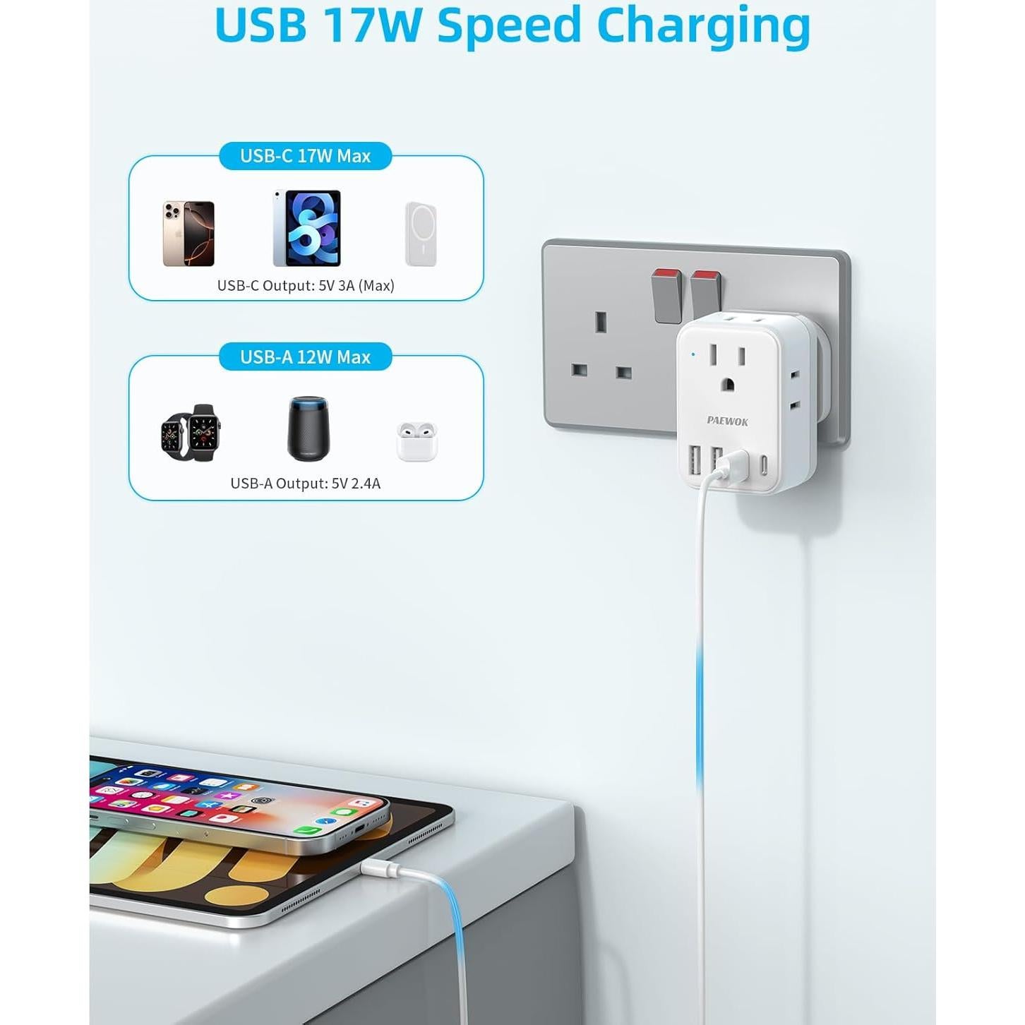 Adaptador de Viaje Universal PAEWOK 8 en 1 con 6 Enchufes y 4 USB