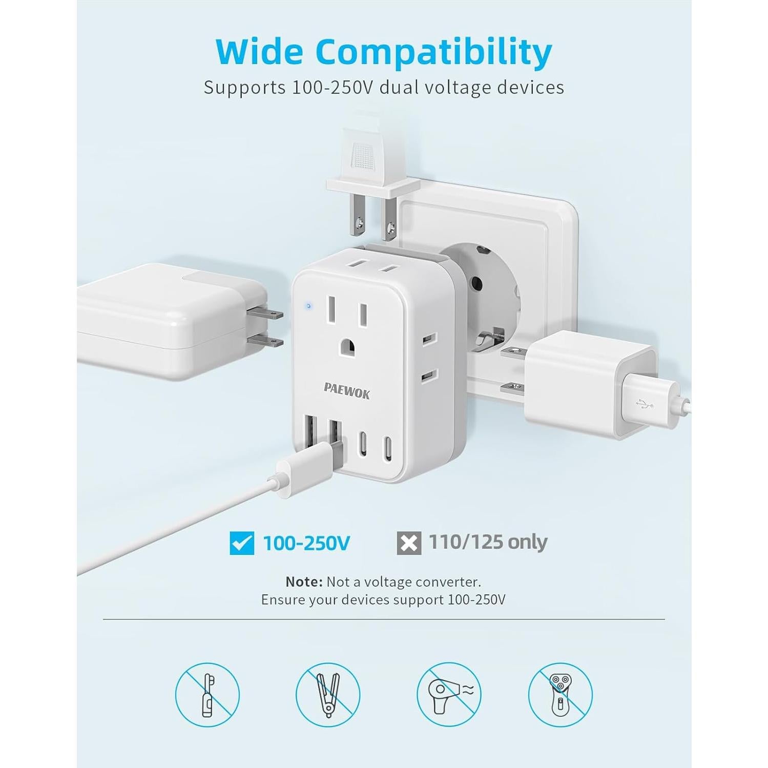 Adaptador de Viaje Universal PAEWOK 8 en 1 con 6 Enchufes y 4 USB