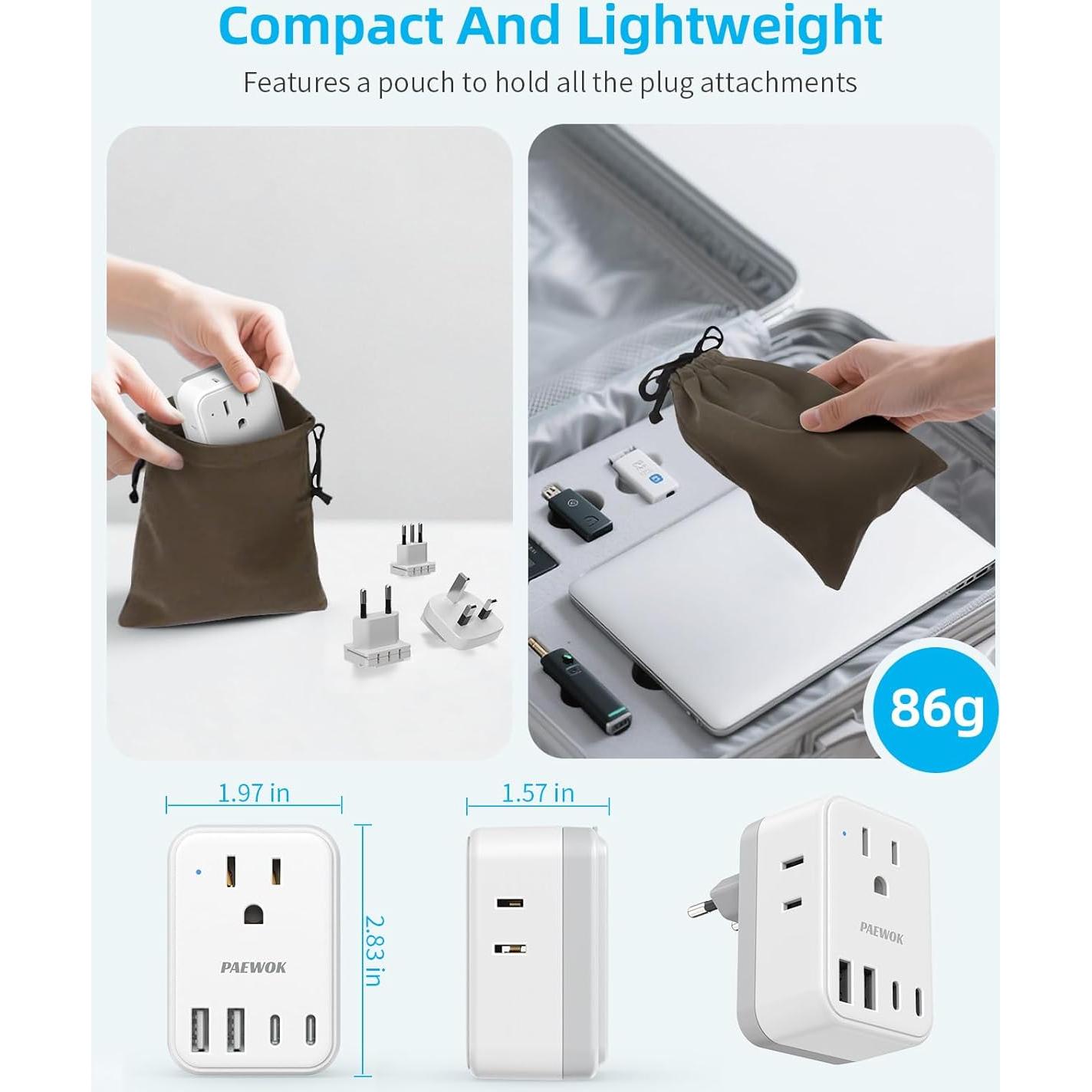 Adaptador de Viaje Universal PAEWOK 8 en 1 con 6 Enchufes y 4 USB
