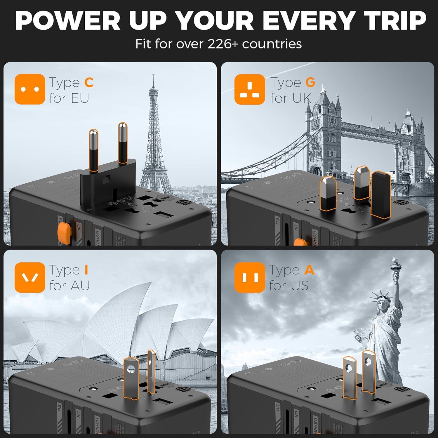 Adaptador de Viaje Universal TESSAN 100W con 4 Puertos USB