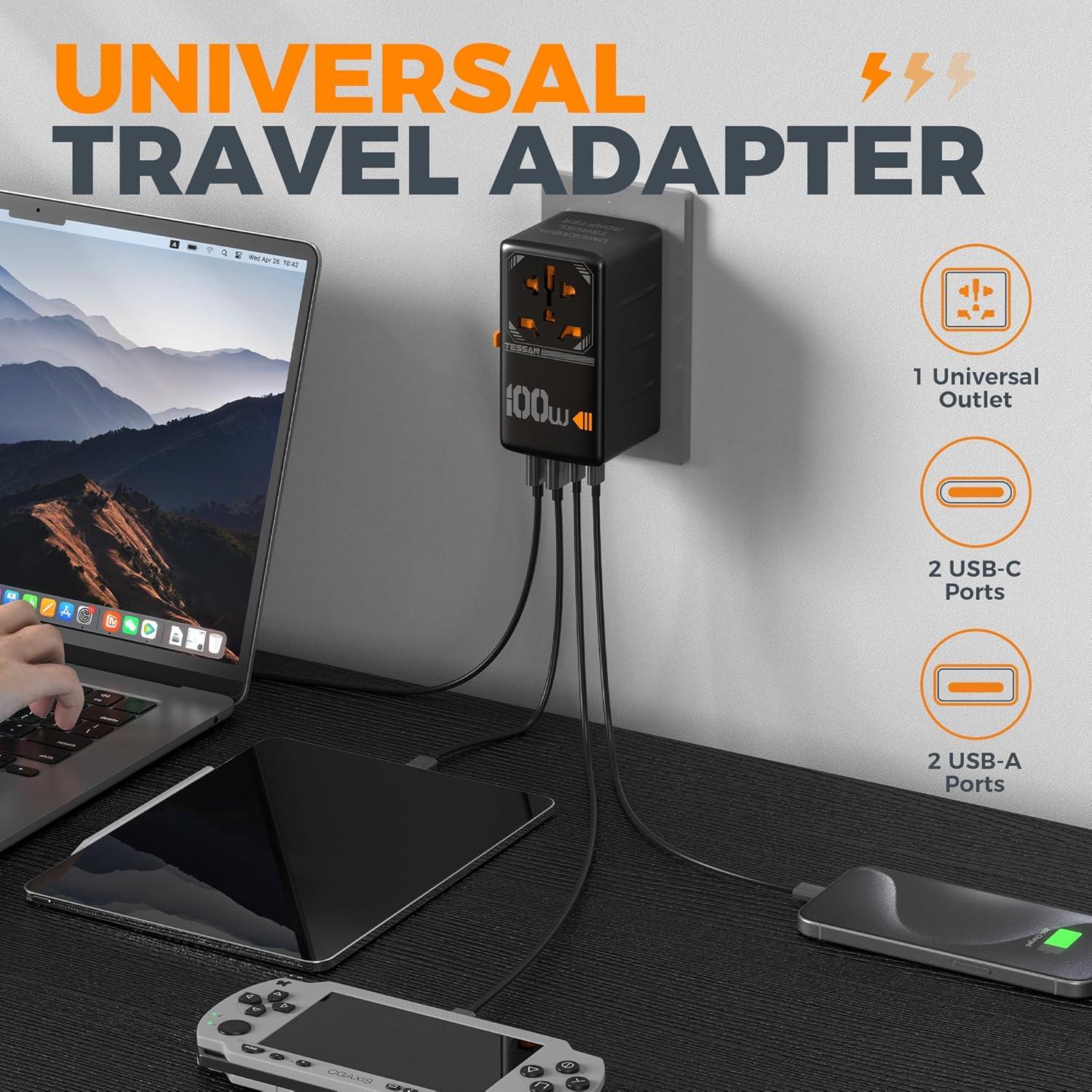 Adaptador de Viaje Universal TESSAN 100W con 4 Puertos USB