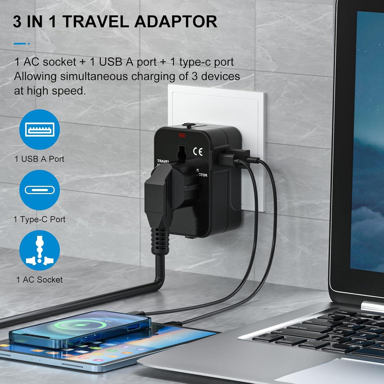 Universal Travel Adapter with USB C, HITRENDS Worldwide All in One International Power Adapter, Travel Converter and Adapter for USA, EU, UK, AUS, Thailand (Type A/C/G/I)